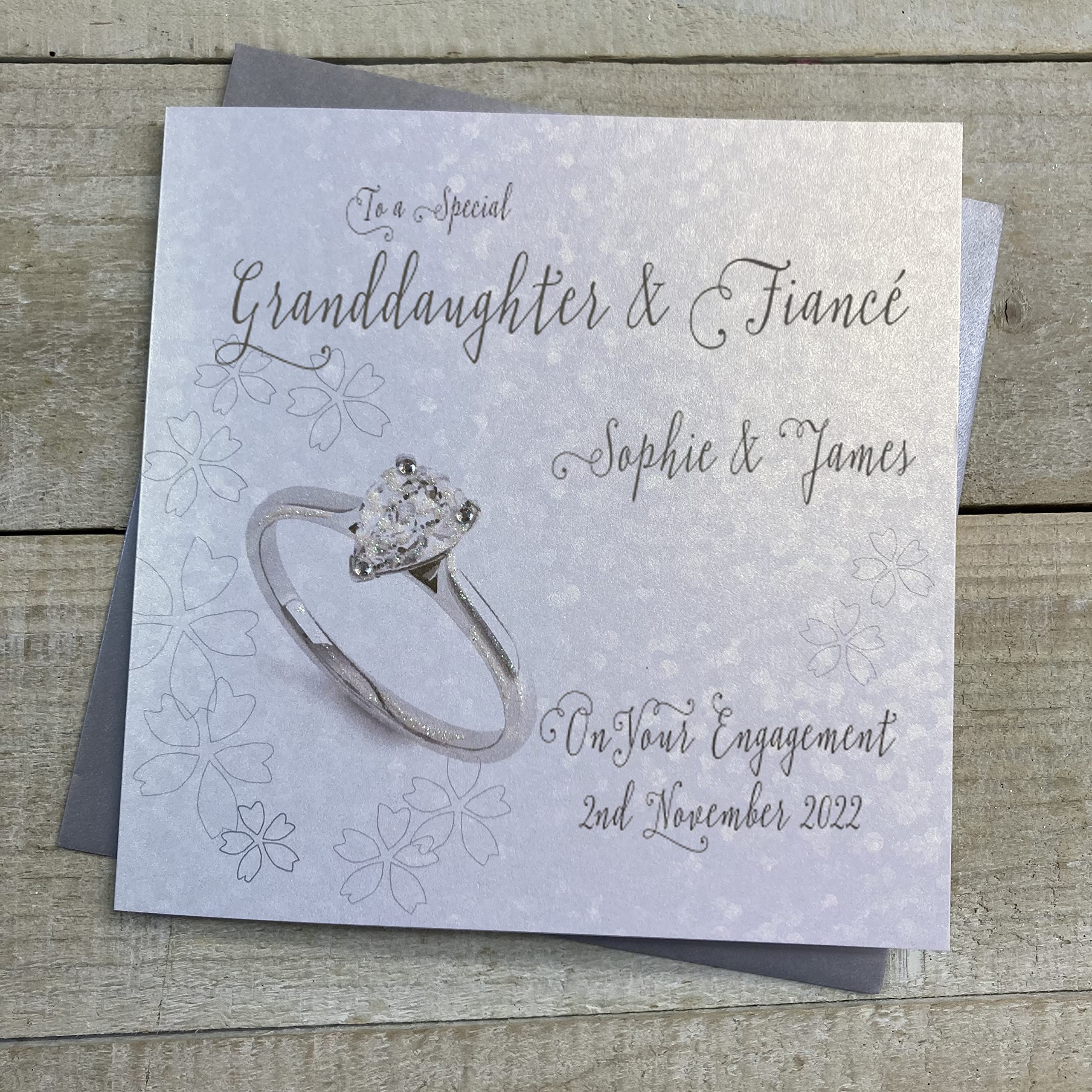 WHITE COTTON CARDS PERSONALISED ENGAGEMENT CARD. ANY RELATION. GRANDDAUGHTER & FIANCÉ. TEARDROP CUT RING DESIGN. Handmade (P22-98-GD & XP22-98-GD)