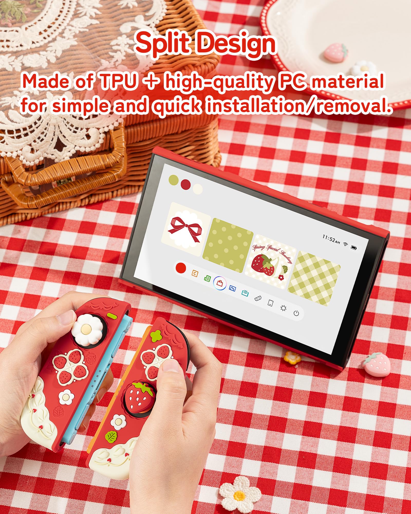 GeekShare Custodia protettiva in silicone morbido compatibile con Switch 2, custodia antigraffio compatibile con Switch 2 guscio protettivo separabile con 2 tappi per pollice, fragole con crema (rosso