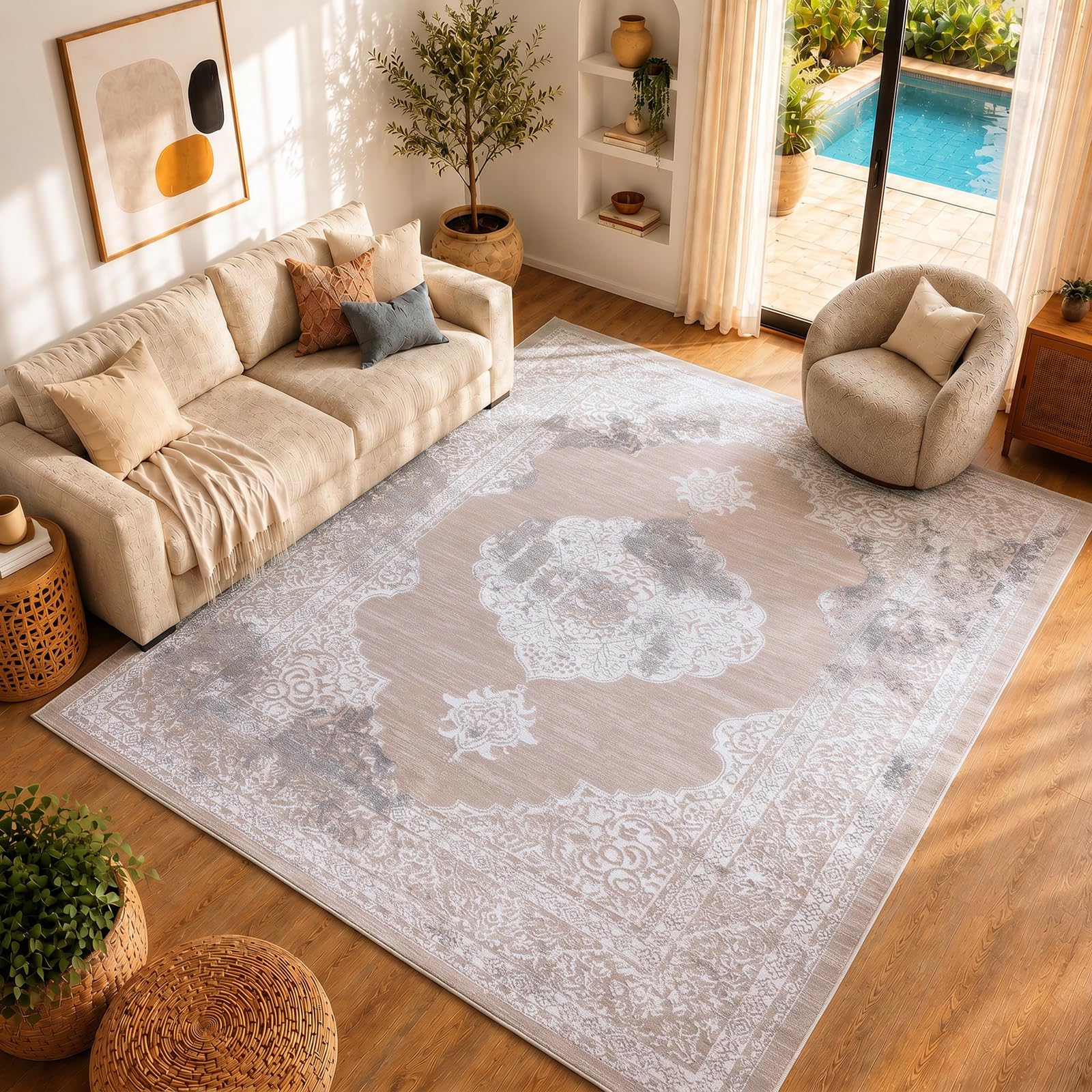 Livabliss Azra Tangier Vintage Indoor Carpet 200x275 cm, Living Room, Bedroom & Dining, Oriental Boho Style, Short Pile, Easy Care, Beige