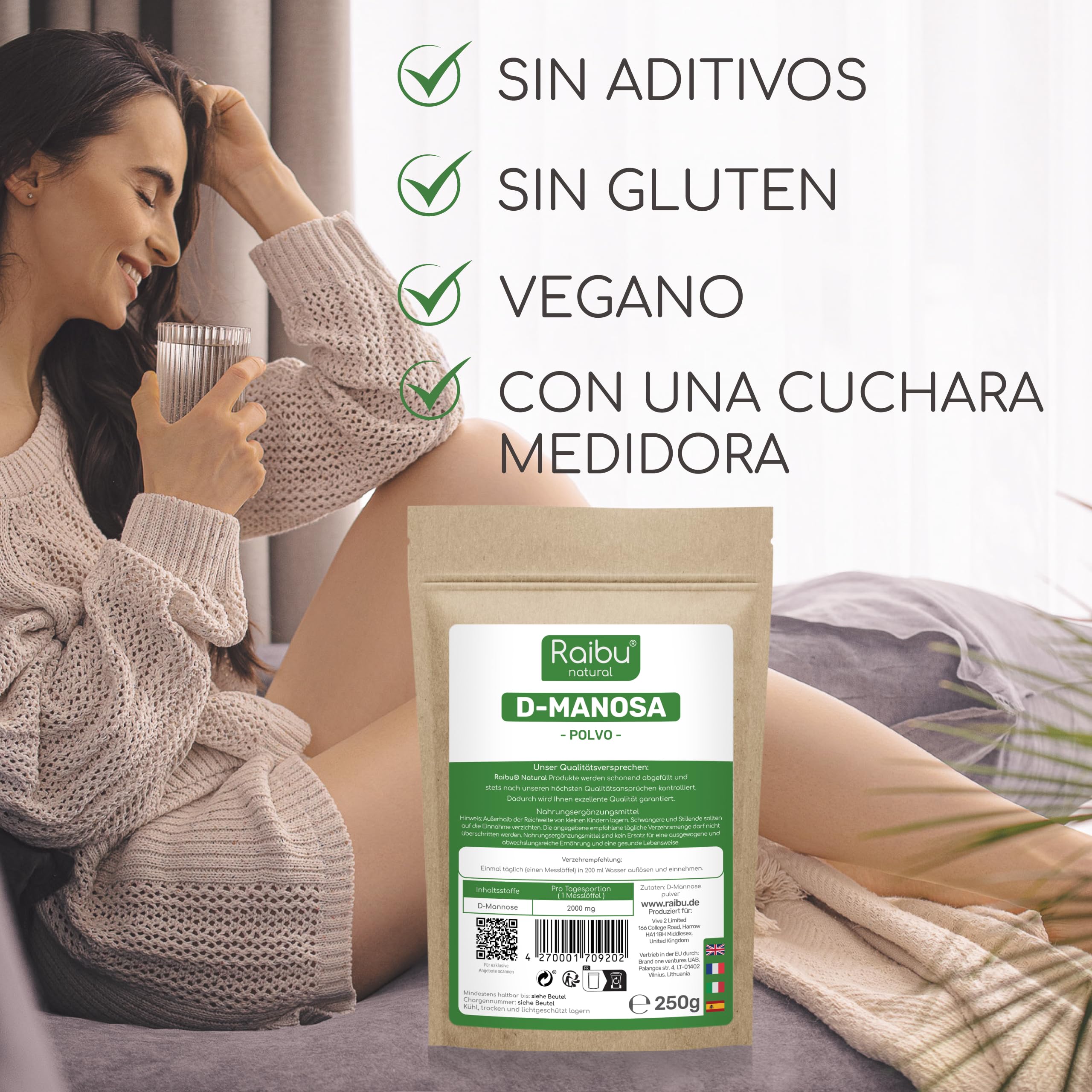 RAIBU Polvo de D Manosa 250g - Polvo de D-Manosa envasado y verificado por laboratorio en Alemania I Natural, Vegano,Sin Aditivos I Incluye Cucharita Dosificadora