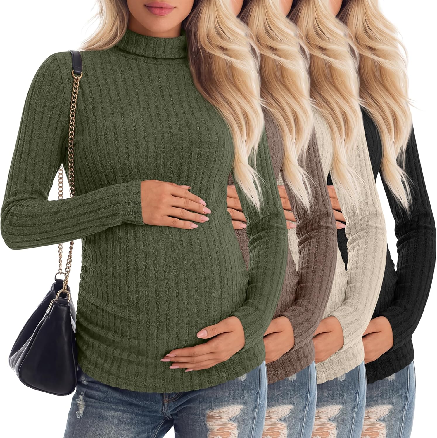 Huukeay 4 Pack Women's Maternity T-Shirts, Long Sleeve Mock Turtleneck Ribbed Pregnancy Top Sweaters Side Ruched Mama Clothes
