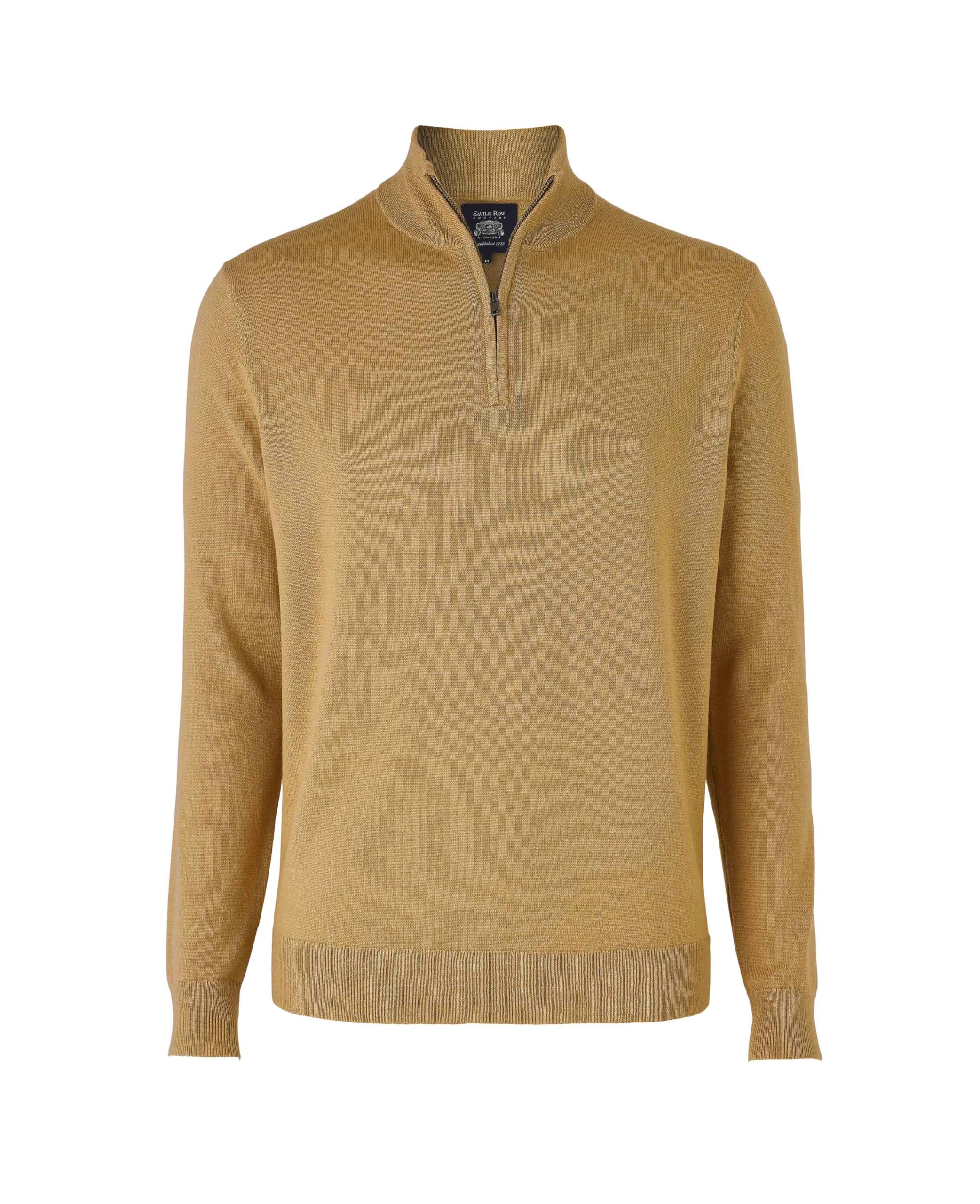 The Savile Row Company London Men's Tan Merino Wool Knitted Zip Neck Jumper - Xxl