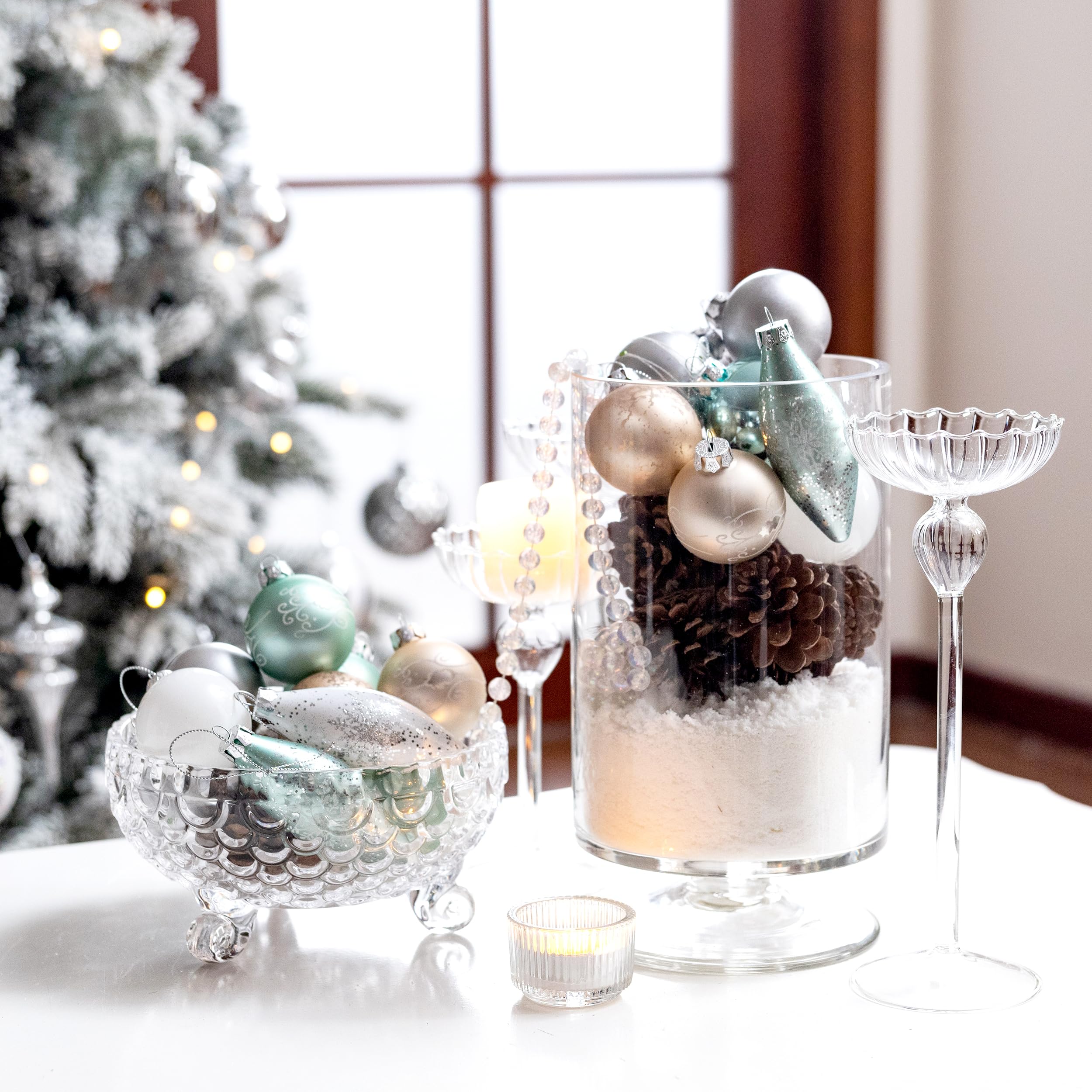 Valery Madelyn Ensemble de Boules de Noël en Verre - Blanc, Marron, Argent et Vert 24 pcs 6-10 cm - Ornements pour Décoration d'Arbre et Sapin