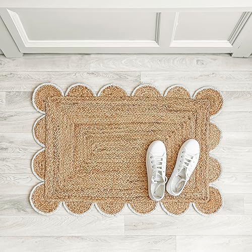 Alfombra festoneada de yute natural, borde blanco hueso, 2 x 3 pies