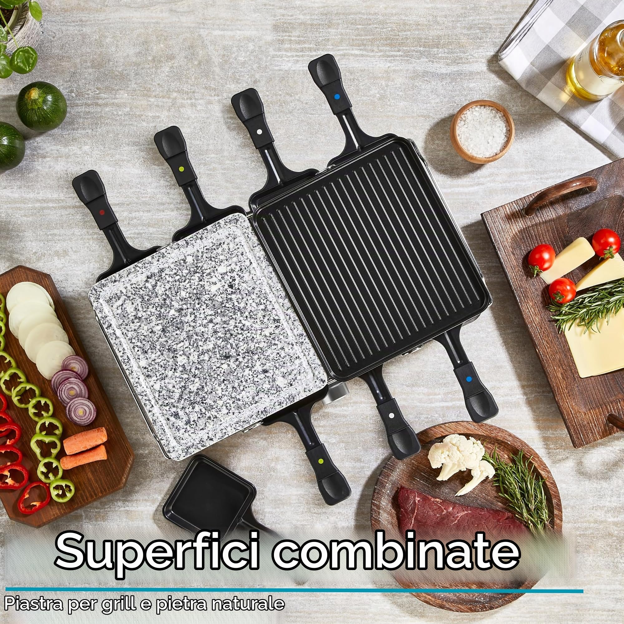 Dispositivo per raclette per 8 persone, griglia da tavolo, barbecue elettrico, con piastra in pietra naturale e rivestita, elemento riscaldante in acciaio inox, 1400 Watt
