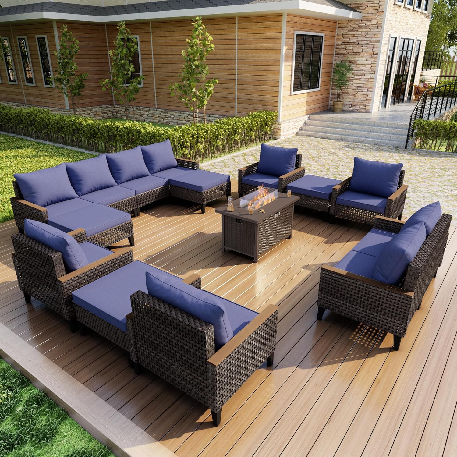15-Piece Outdoor Patio Furniture Set, Wicker Rattan Conversation Set with Fire Pit Table and Foot Rest, Sectional Modular Sofa Couches Chairs Ottomans for Deck, Balcony, Backyard, Yard (Blue Cushions)