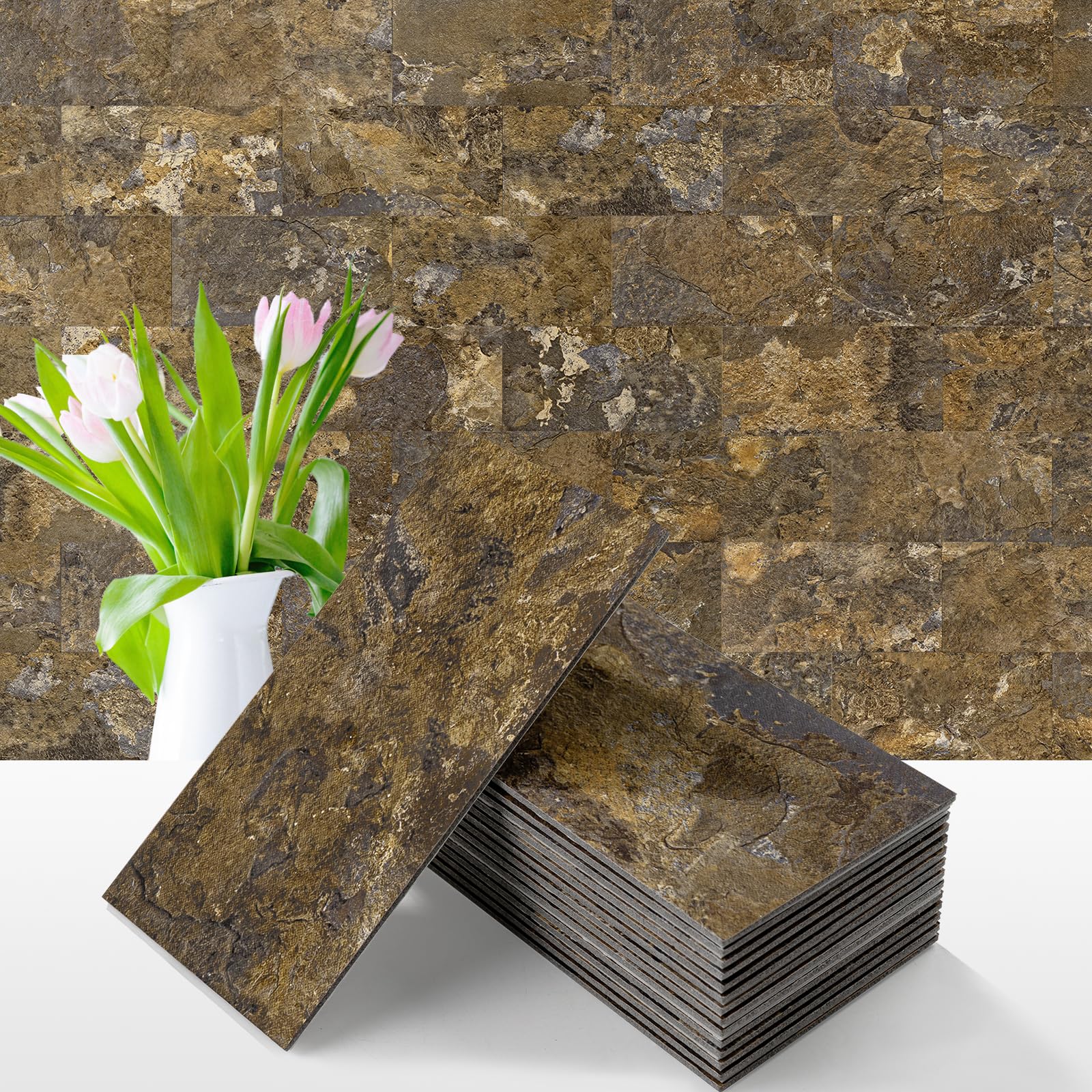 Vamos Tile 100 Pieces Peel and Stick Backsplash Tiles, 3" x 6" PVC Subway Tile, Rust Slate Stick on Backsplash Tiles for Kitchen/Bathroom/Fireplace/