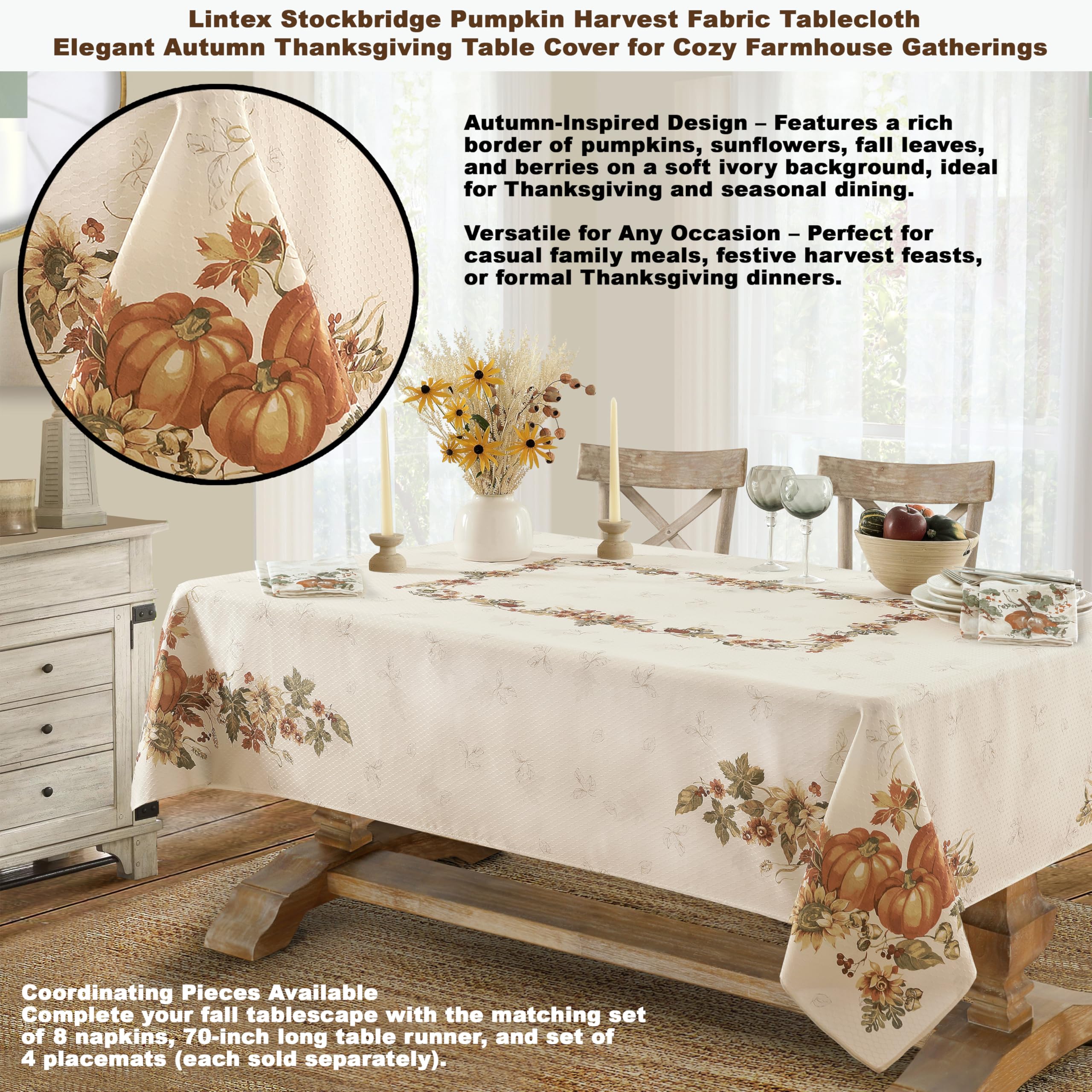 Lintex Stockbridge - Mantel de tela de fácil cuidado con diseño de calabaza, diseño de flores y bellota, 150 x 144 cm