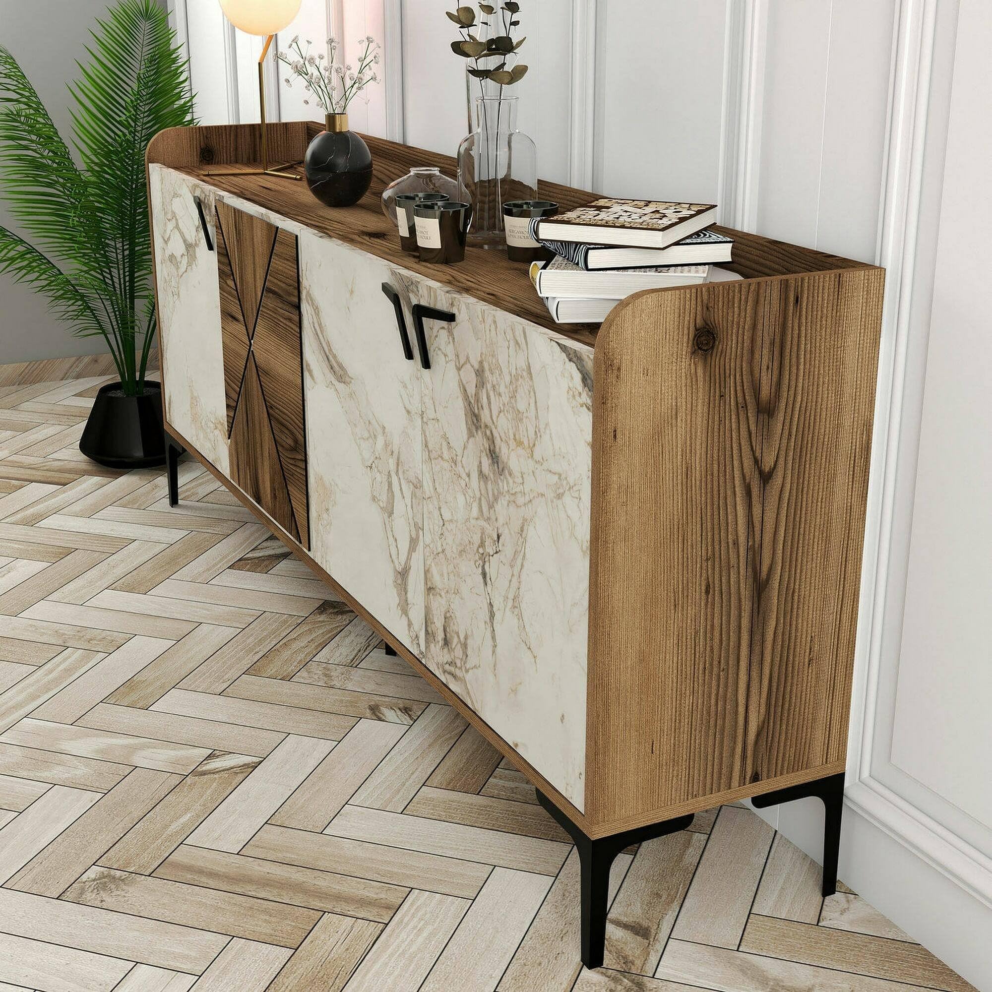 Dmora - Console Deneb, Buffet de Salon, Meuble Bas pour TV, Socle Mural équipé, 180x35 h78 cm, Noyer et Marbre Blanc