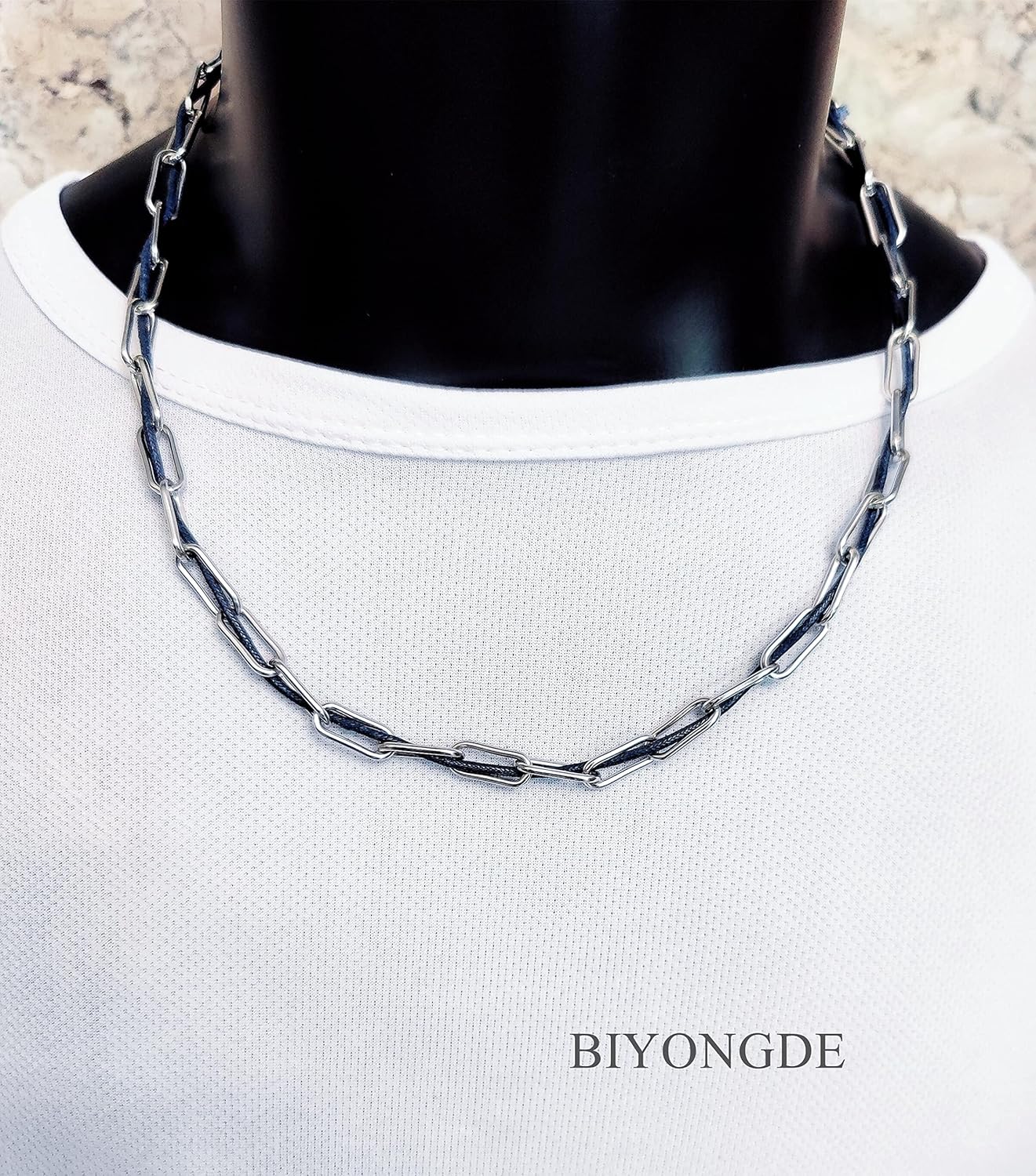 Mens Paperclip Link Chain and Cotton String Necklace, Stainless Steel Chain interwoven with Navy Blue Cotton String Choker Necklace - Image 3