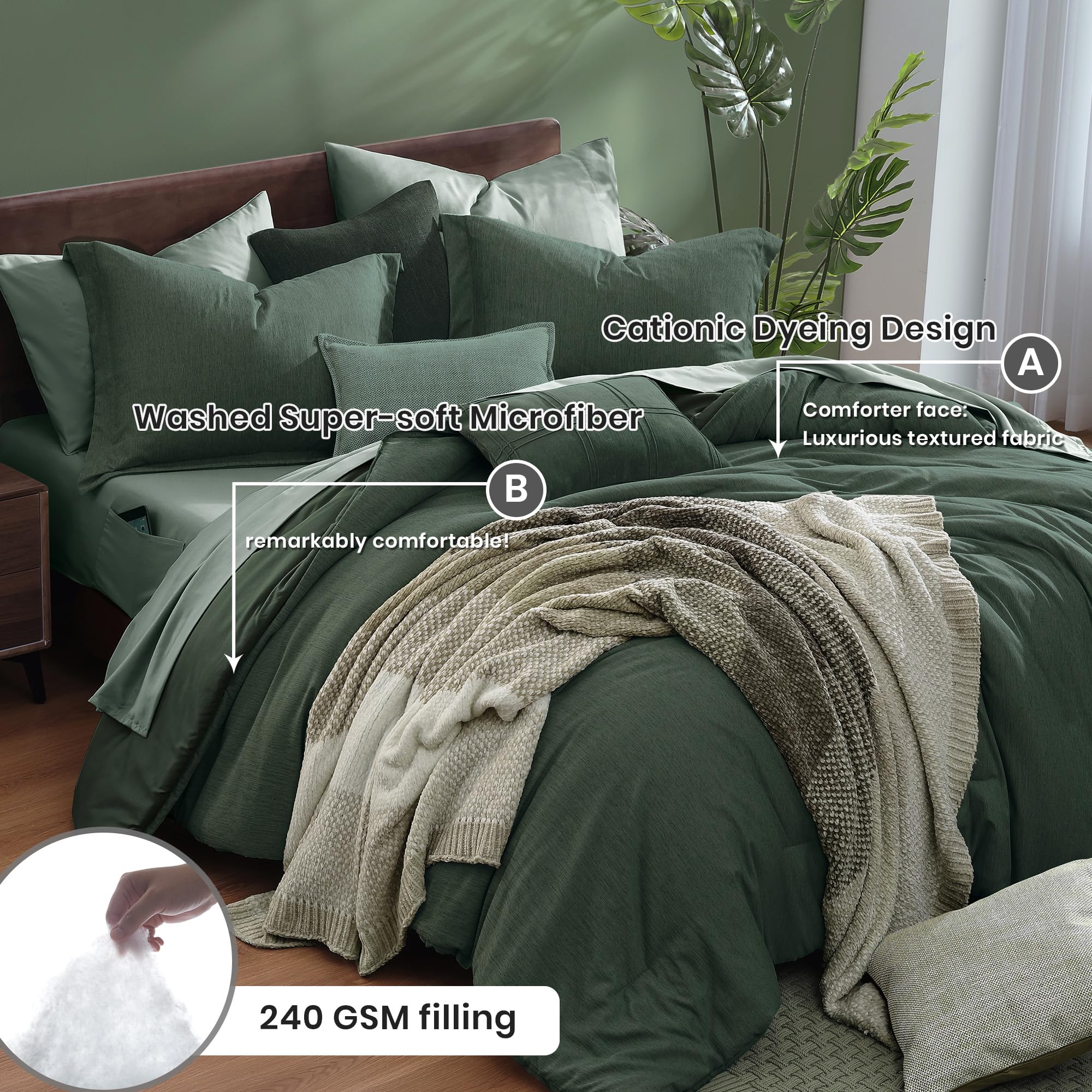 Monbix Queen Comforter Set - 7 Pieces Cationic Dyeing Olive Green Bed in a Bag Queen Bedding Sets with Comforter, Sheets, Pillowcases & Shams, Reversible Bedding Comforters Sets: Deep Forest 7Piece-Full(80”X90'')