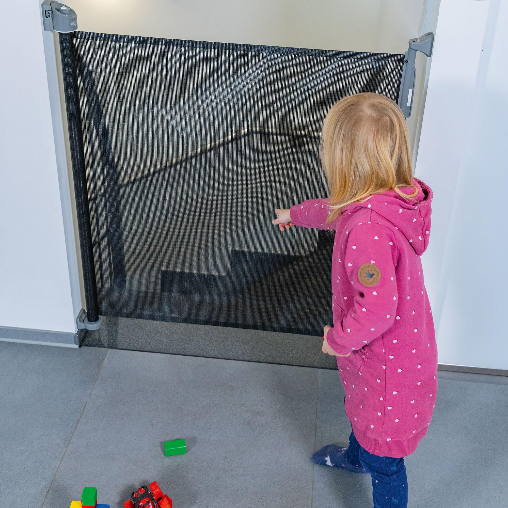 ABUS Treppenschutzrollo JC9514 Ben - ausziehbar, bis 140 cm | Türschutzgitter & Treppenabsperrung für Babys, Höhe ca. 85 cm, Memory-Funktion, einhändig bedienbar