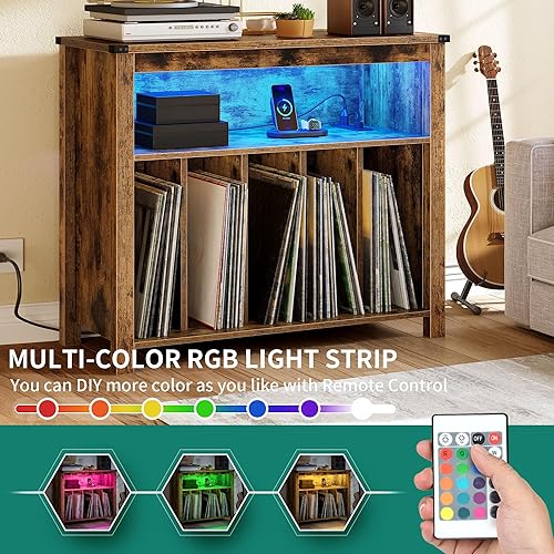 Miniatura 4 de YITAHOME Soporte grande para tocadiscos con tomas de corriente y luces LED, mesa de almacenamiento de discos de vinilo con estante de exhibición con