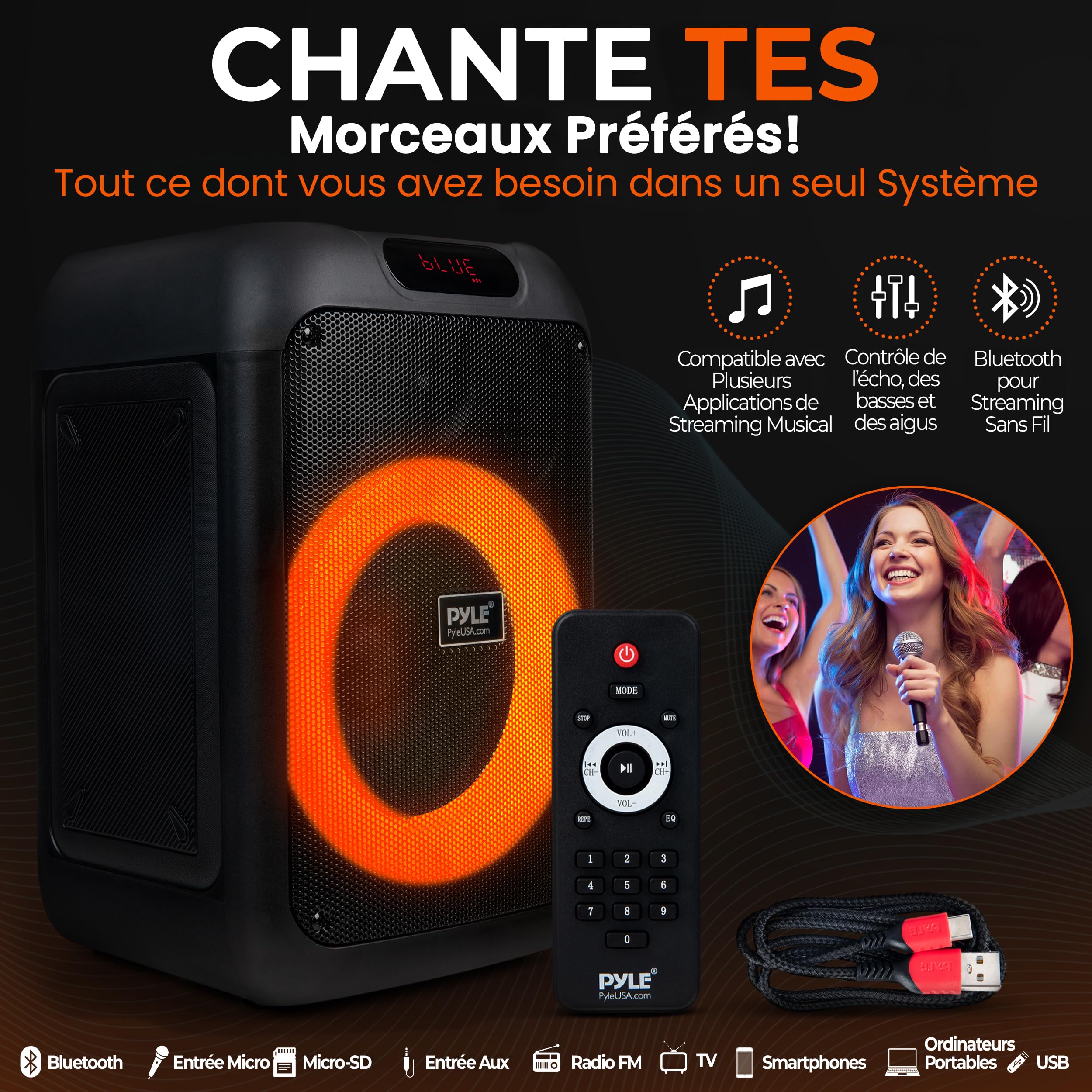 Pyle Enceinte Bluetooth Portable 40 cm – Haut-Parleur Puissant avec LED RGB Woofer Grand Format TWS Batterie Rechargeable Télécommande Câble Type-C Intérieur Extérieur