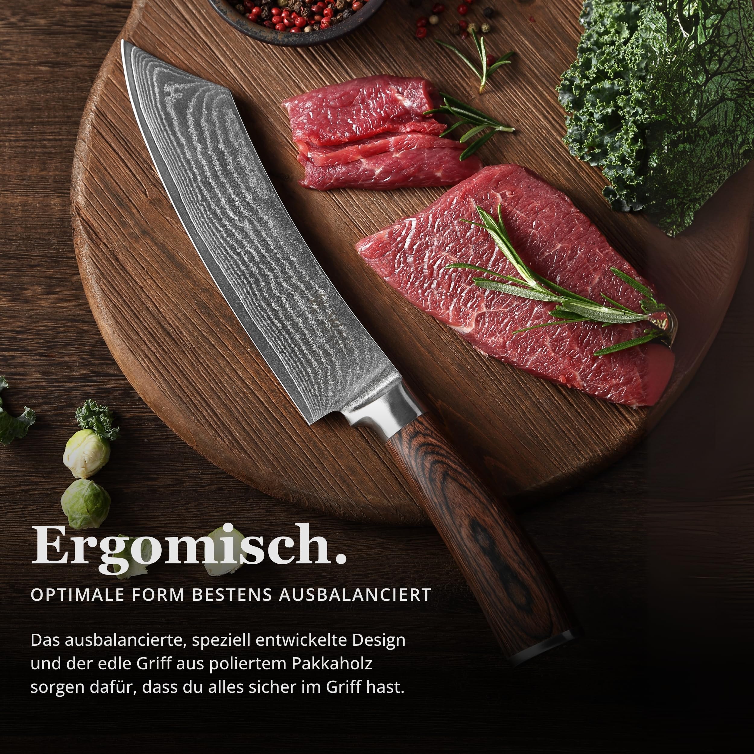 Wakoli EDIB BBQ Blockmesser 20 cm aus 67 Lagen Damaststahl mit VG10-Kern