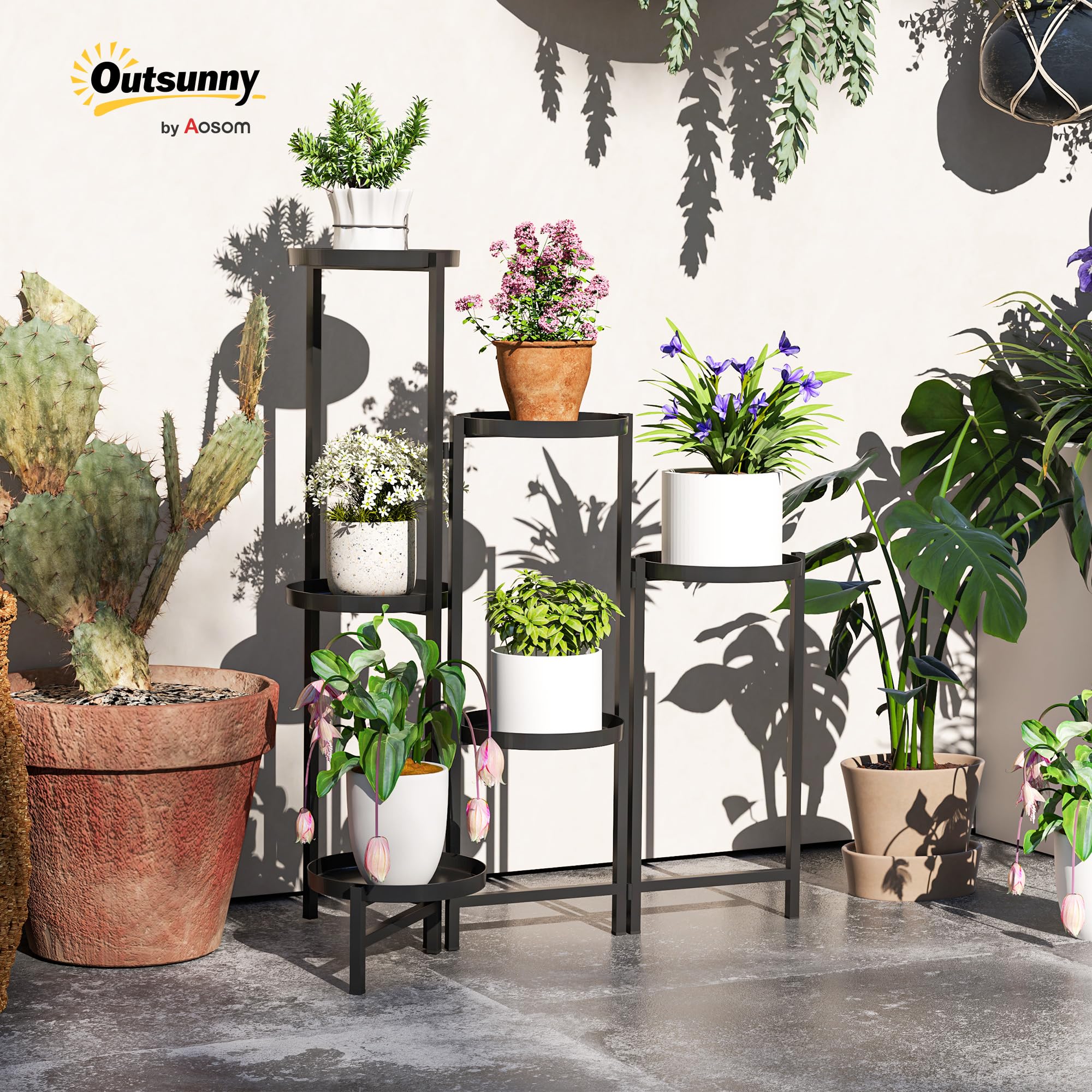 Outsunny Support pour plantes 6 niveaux Ajustable Pliable Métal Noir | Étagère Plante, Design sans Vis, Porte Plantes d'Intérieur pour Plusieurs Fleurs