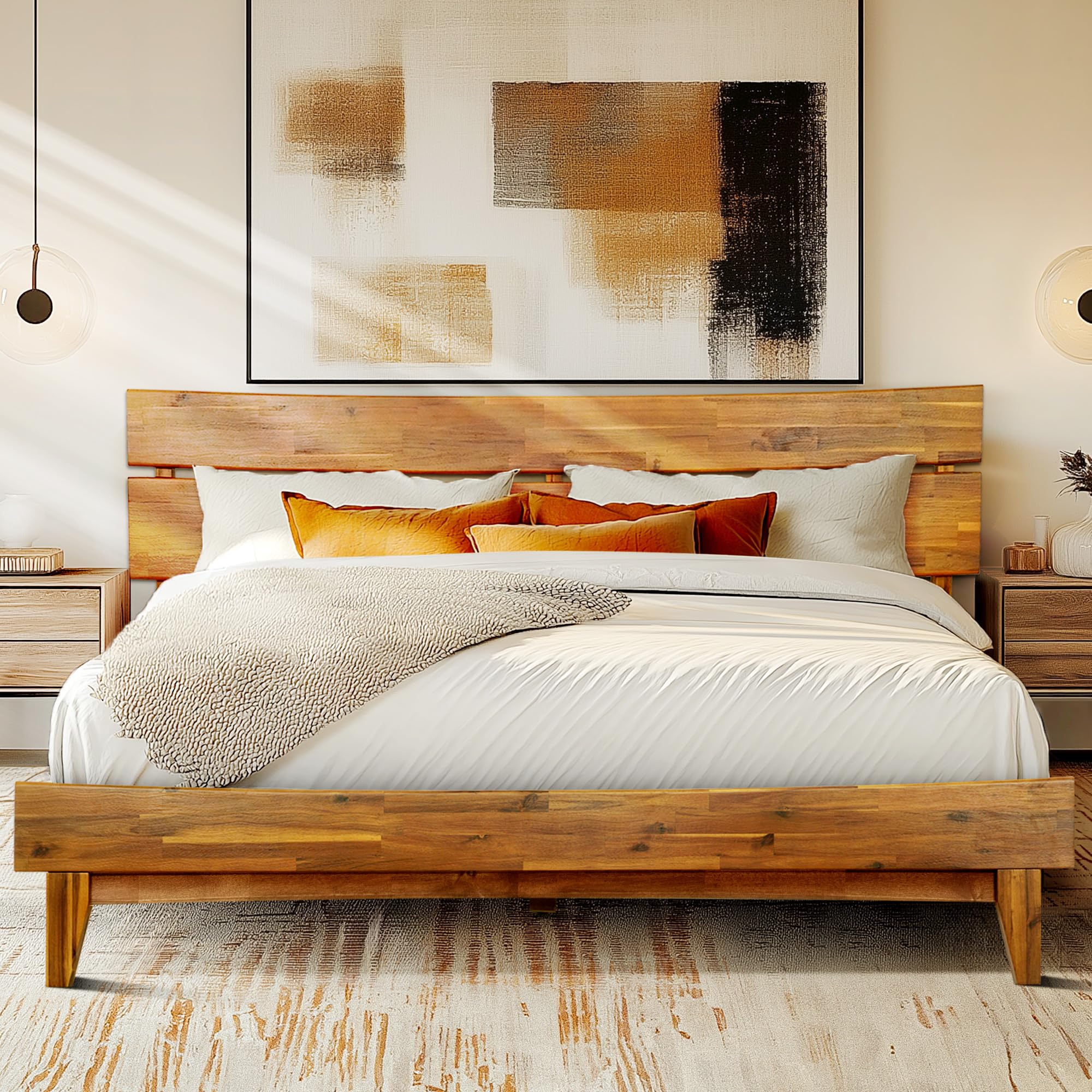 Acacia Aurora King Bed Frame and Headboard Solid Wood Platform Bed, King Bed Frame, Unqiue Design Contemporary Signature Wood Bed Compatible with All Mattress Types, Non-Slip and Noise-Free, Caramel