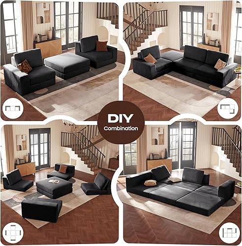 Miniatura 3 de Sofá modular de pana con asiento profundo, sofá modular de pana con otomana, sofás seccionales para sala de estar, no requiere montaje (negro)