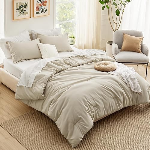Miniatura 4 de Bedsure Juego de edredón de tamaño matrimonial, color beige, juego de ropa de cama suave de 7 piezas con edredón, sábanas, fundas de almohada y