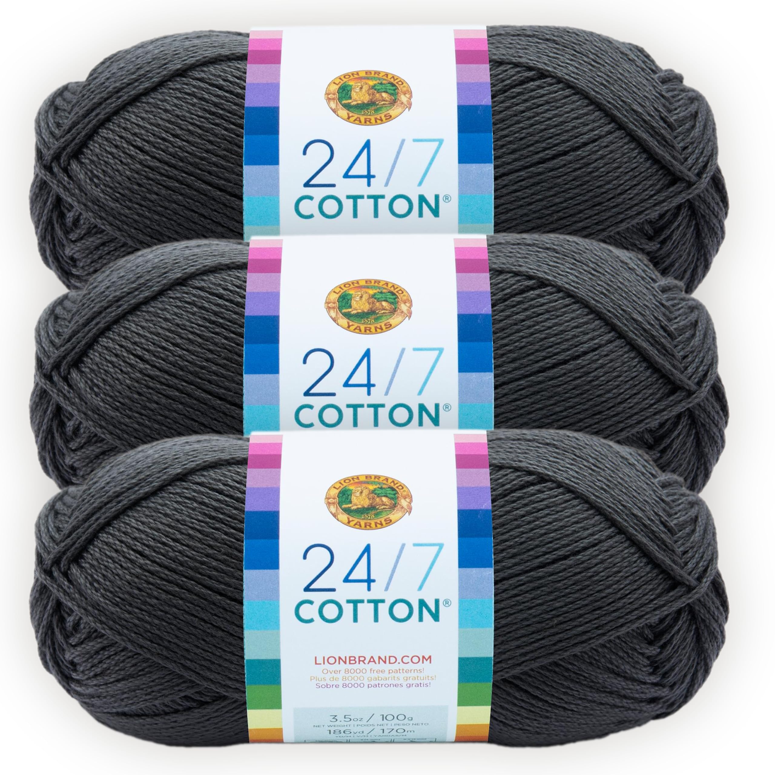 Lion Brand 24/7 Cotton Yarn, Yarn for Knitting, Crocheting, and Crafts, Charcoal, 3 Pack, 761-150D