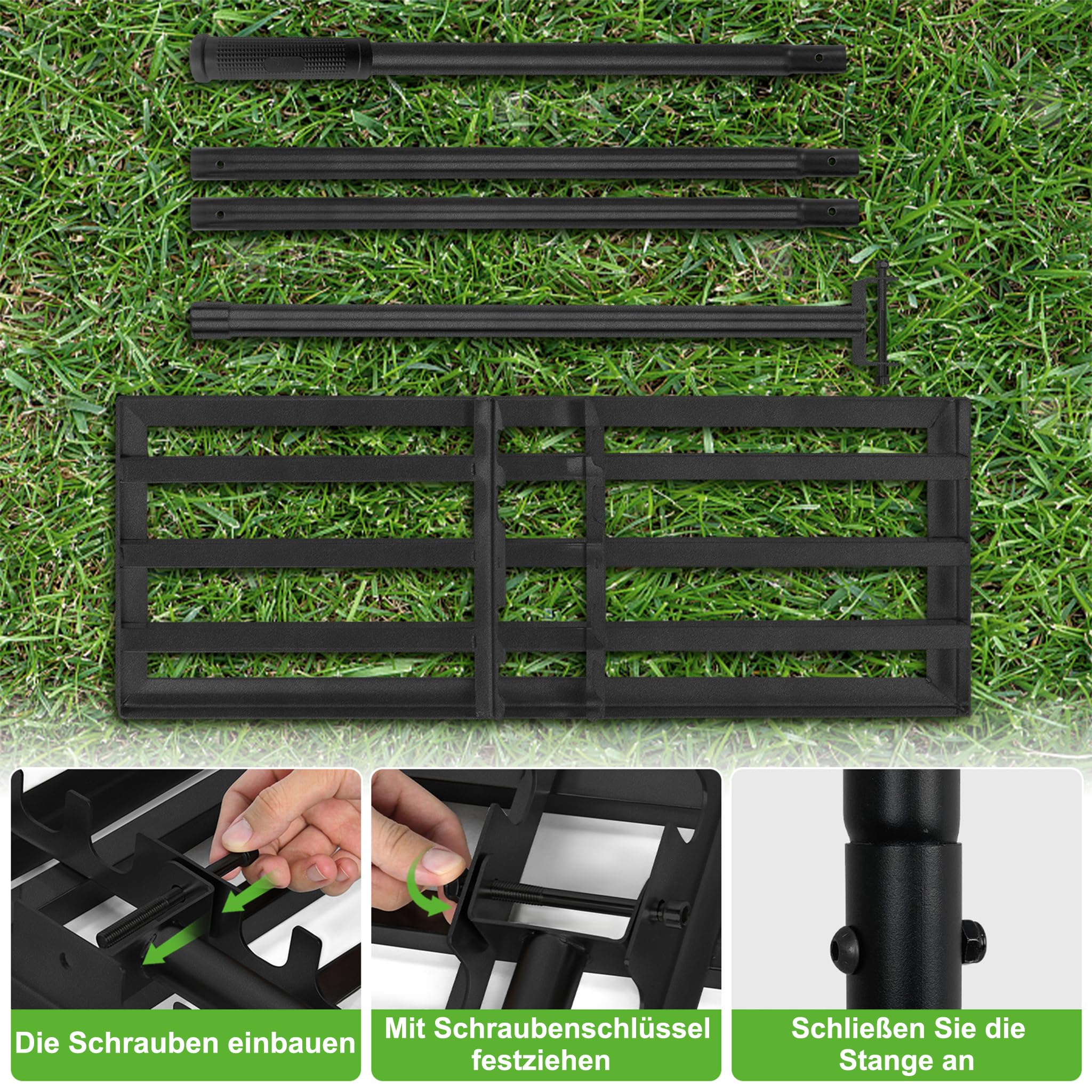 Lawn Leveling Rake Rasqueta de 75 x 25 cm, color negro, rastrillo de nivelación ajustable de 95,5 a 185 cm, con mango de acero inoxidable y mango de goma, rastrillo de césped, ideal para el