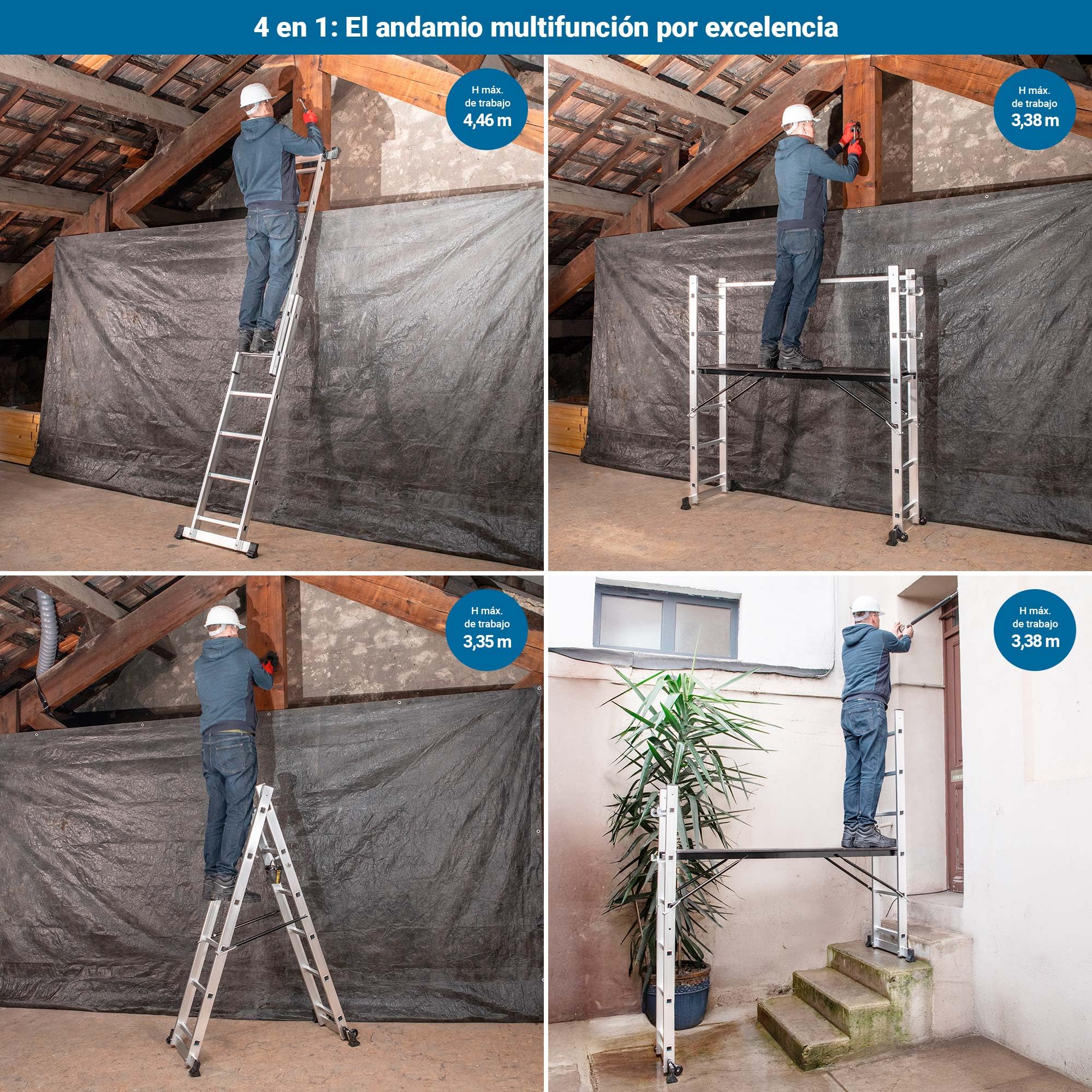 HOSTRÖM Andamio rodante SCAFFOLDAX2X6, andamio de jardín Plegable multifunción 4 en 1, Escalera de 2 tramos, Altura máxima de Trabajo de 4,46 m, garantía de 5 años.