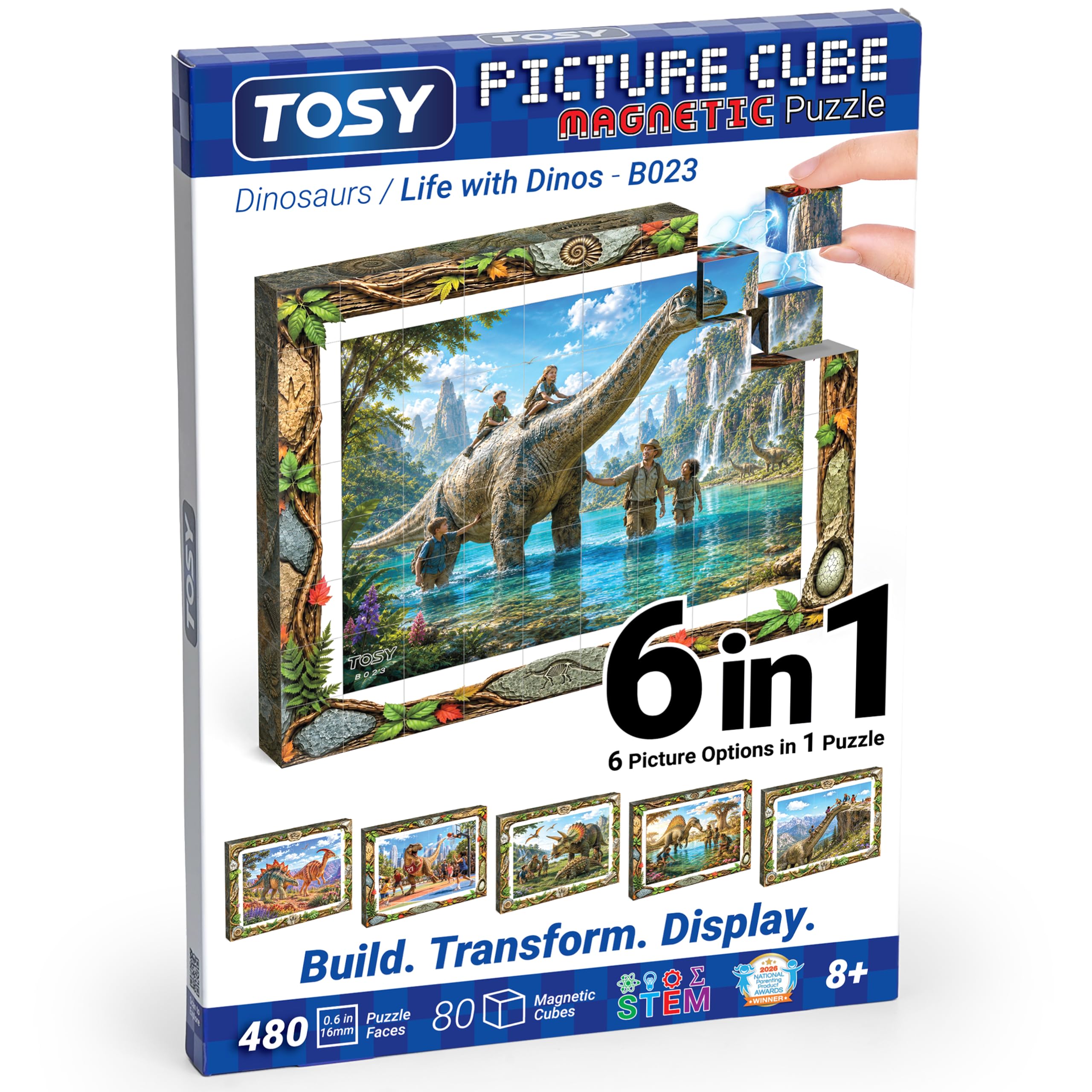 TOSY Picture Cube Life with Dinos: 6-in-1 Magnetic Picture Puzzle, 80 Blocks, 480 Puzzle Faces, 0.6in, B023, Seamless UV Art, Display-Ready Frame, Collectible, STEM/STEAM Gift for Kids & Adults