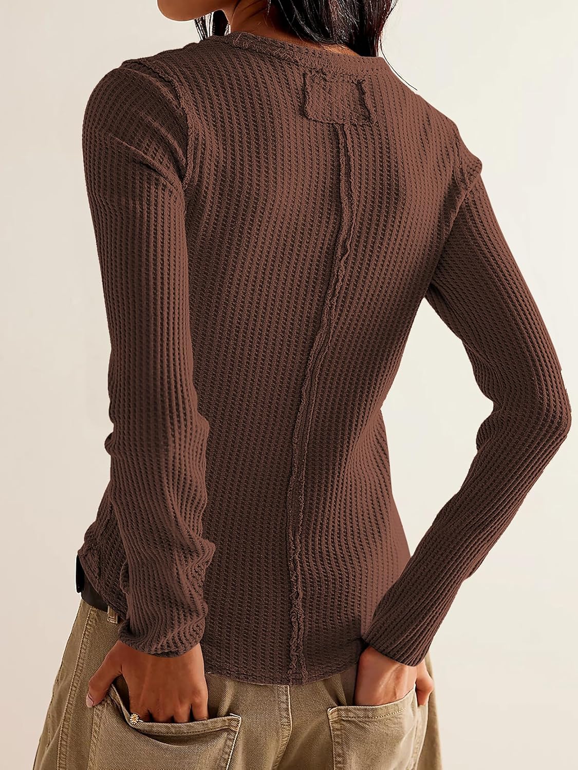 Jar of Love Women's Waffle Knit Tops Long Sleeve Shirts Henley Tops V-Neck Button Down Thermal Shirts Fall Outfits - Image 2