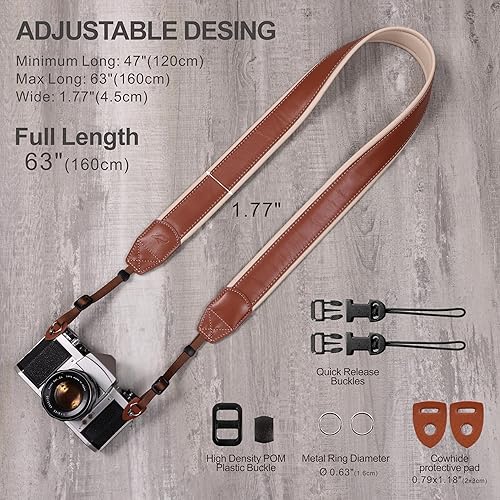 Miniatura 7 de Padwa Lifestyle Correa de cuero acolchado para cámara, correa de piel de vaca auténtica de grano completo con ropa blanca gruesa y agradable al