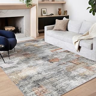 vivorug Washable Area Rug 8x10 Gray/Rust - Ultra Soft Non-Slip Abstract Fluffy Rug for Living Room Bedroom