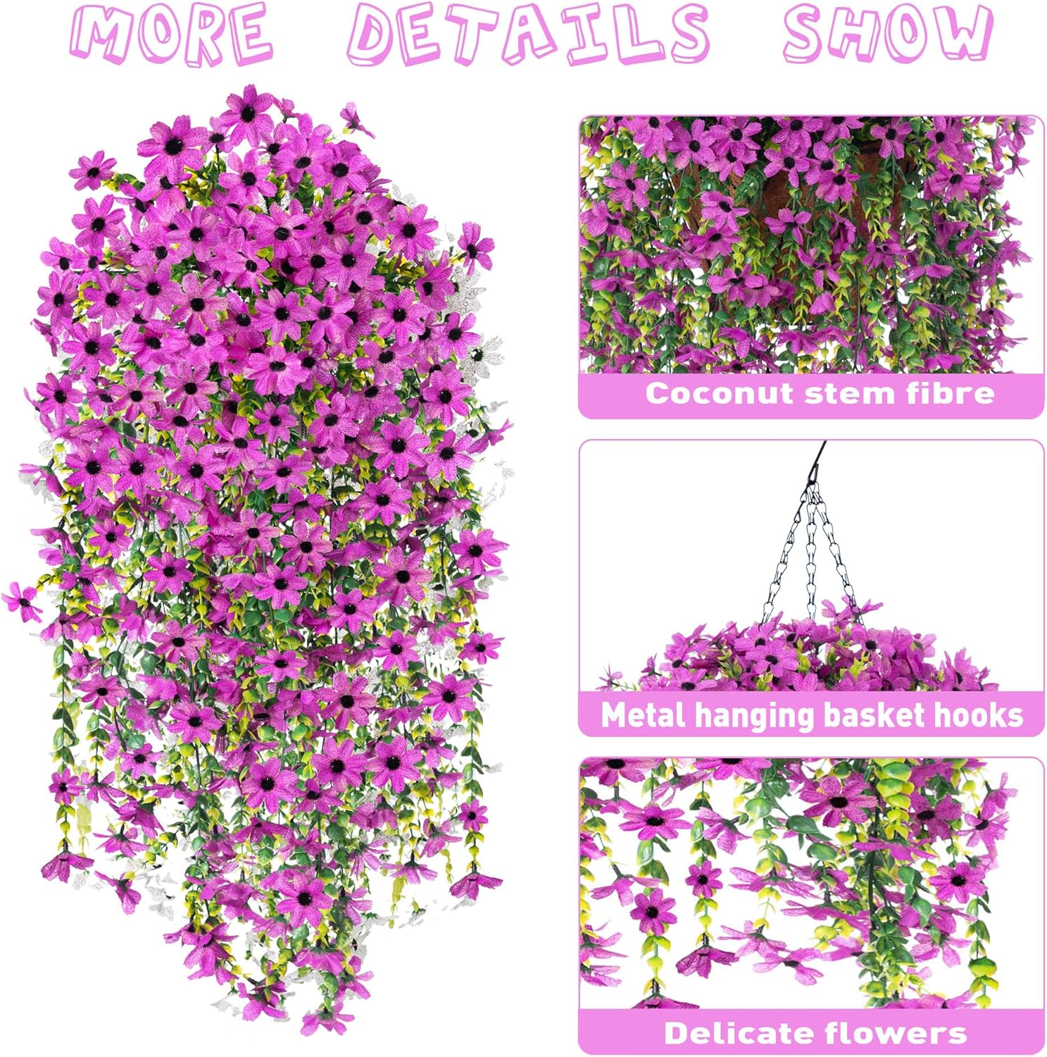 Fake Artificial Hanging Flowers for Outdoors Fake Plants Decoration, 2 Bundles Faux Silk Colorful Daisy Eucalyptus Realistic UV Resistant for Outside Home Planter Porch Patio Yard Decor(Purple) - Image 6