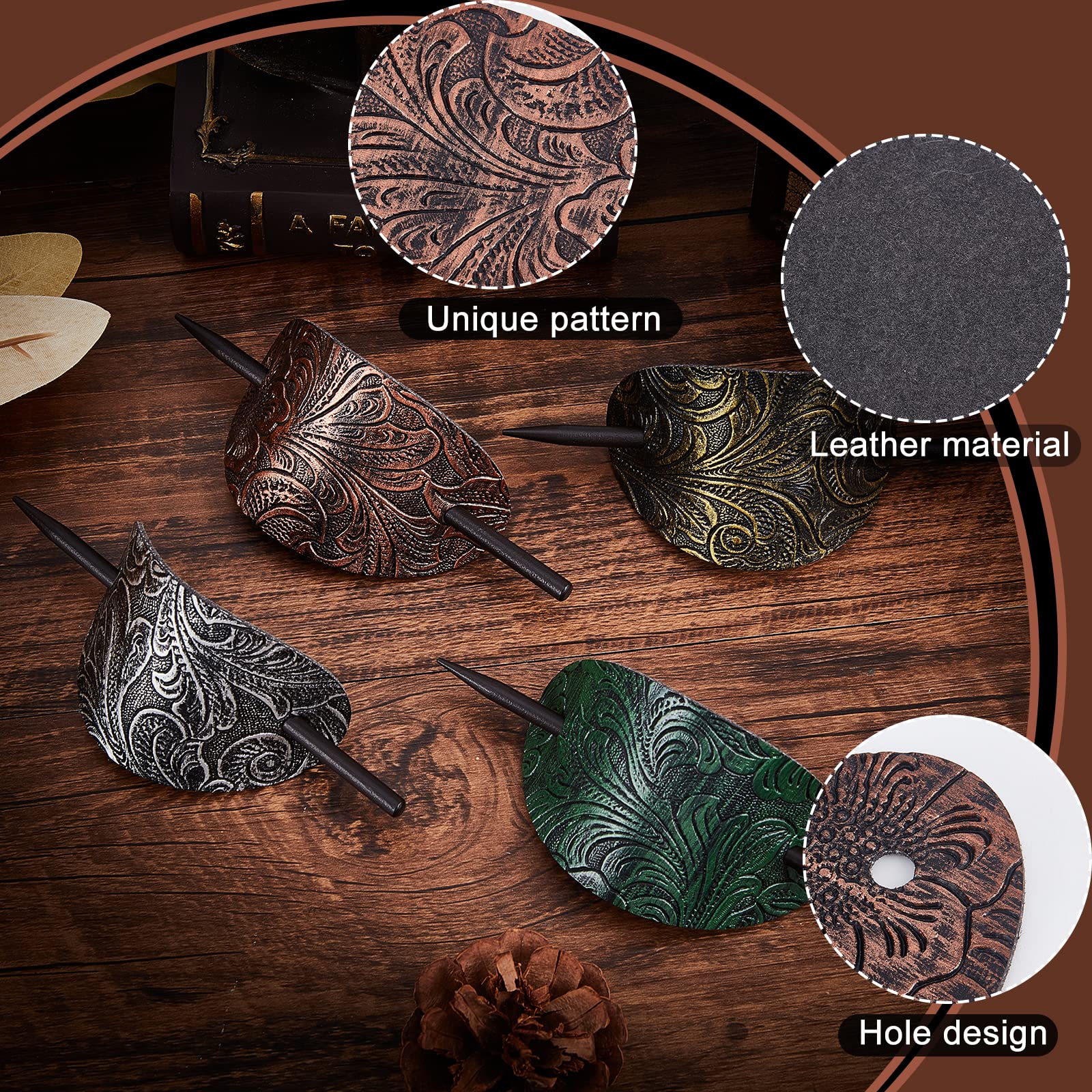 NICENEEDED 4Pcs Leather Hair Barrettes, Vintage Faux Leather Hair Clips with Stick - Image 4
