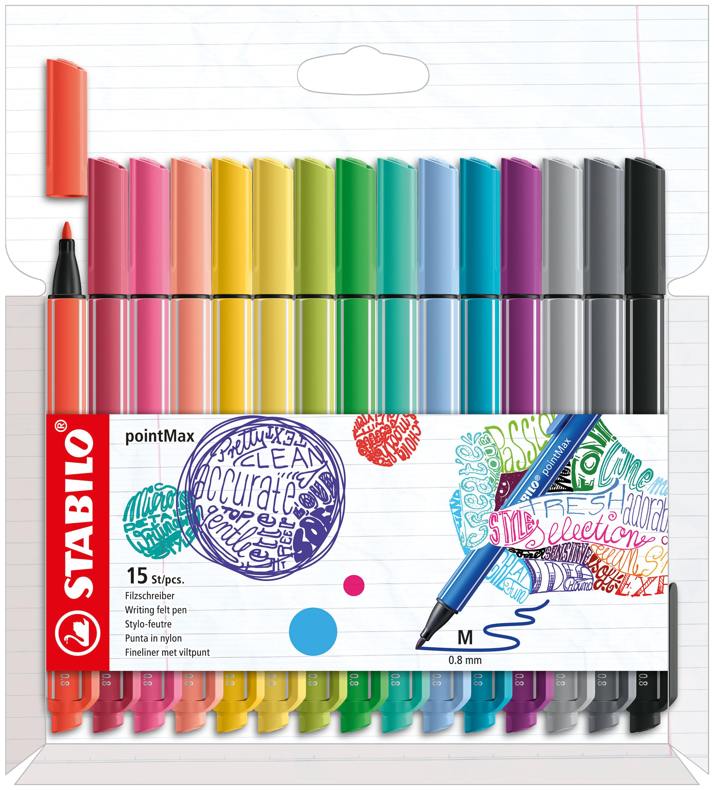 STABILO Nylon Tip Writing Pen pointMax - Pack of 15 - Assorted colours