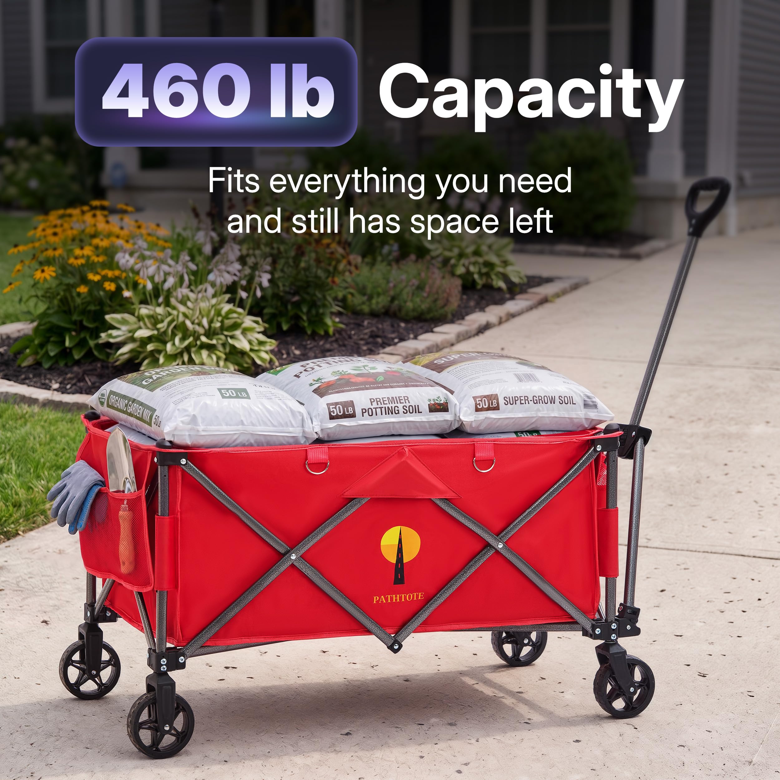 39" L Collapsible Wagon with All-Terrain Wheels, 460 lbs Foldable Cart with Detachable Flashlight, Pockets & Flexible Steering Handle, Red Utility Heavy Duty Folding Beach Wagons Carts — Amazon image 3