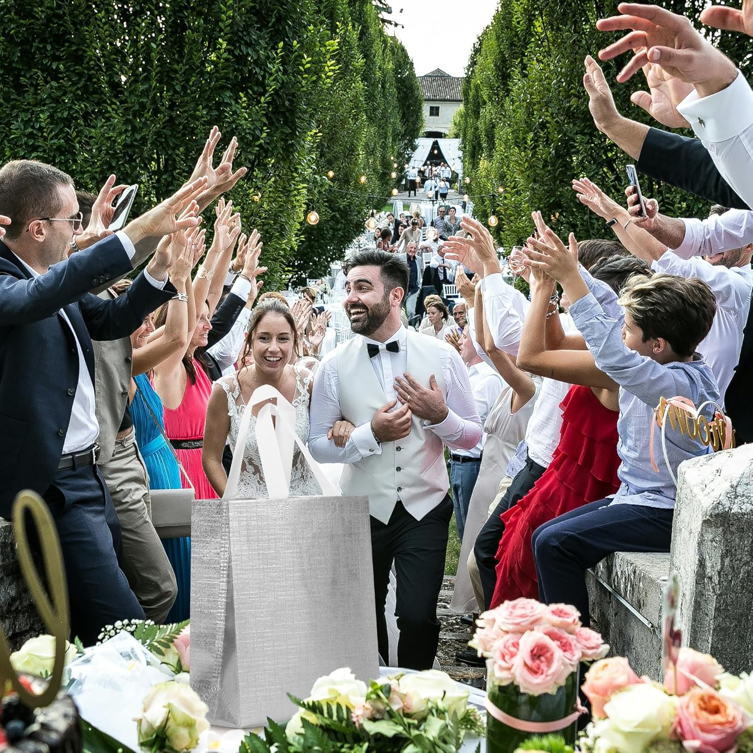 cabzymx Silver Small Reusable Gift Bags with Metallic Design, 25 Pcs Return Gift Bag Bulk for Wrapping Gifts, Birthday, Wedding, Parties-10.2x3.9x8.3 In - Image 2