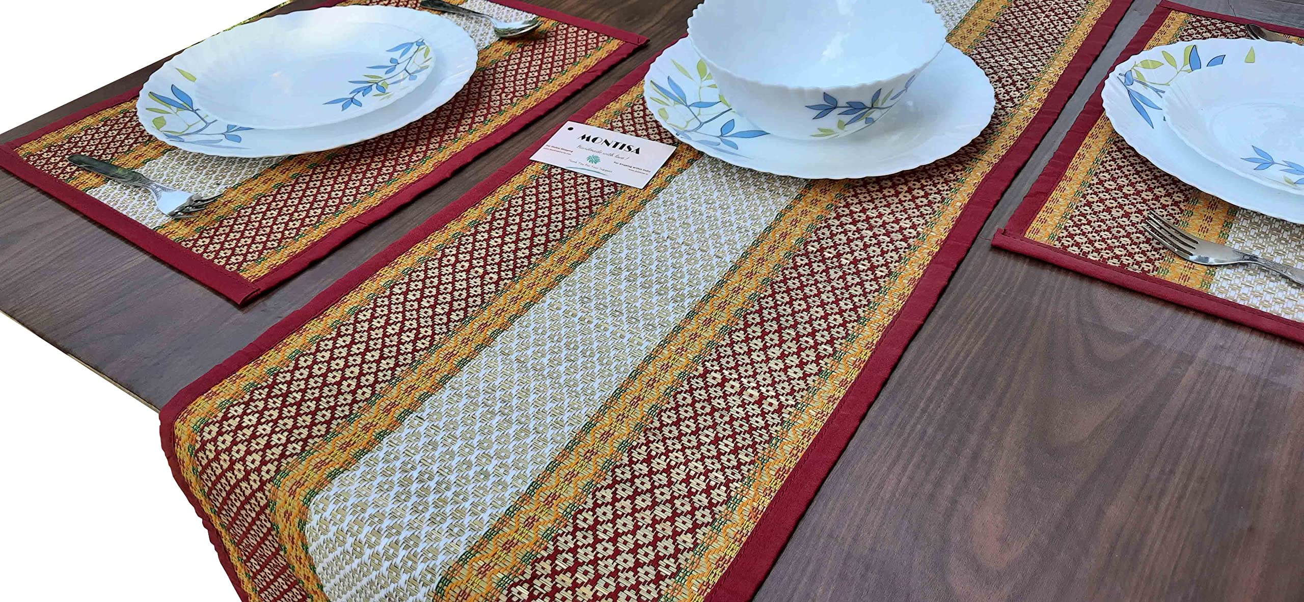 MONTISA Madurkathi Table Runner for Dining Table Handmade Heat Resistant Designer Runner (12 x 72 inch)-T3-04