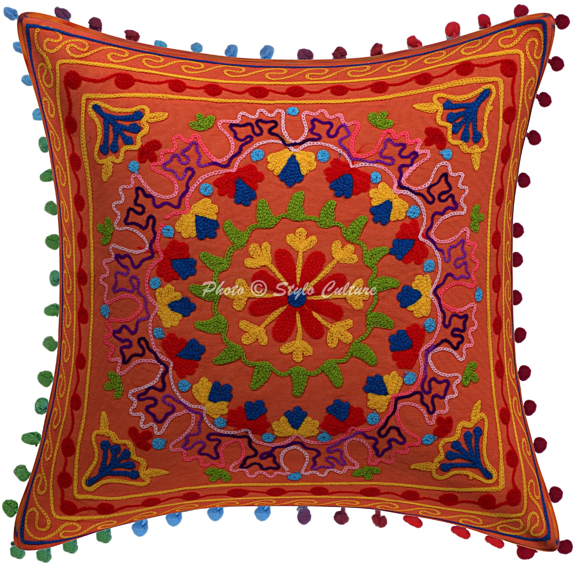 Indische Dekorativ Baumwolle Sofa Kissenbezüge 40x40 cm Orange Dekokissen Suzani Bestickte Pom-Pom-Spitze Wohnzimmer Couch Kissenhullen Blumen Quadrat Kissen Bezüge - 4 STK.