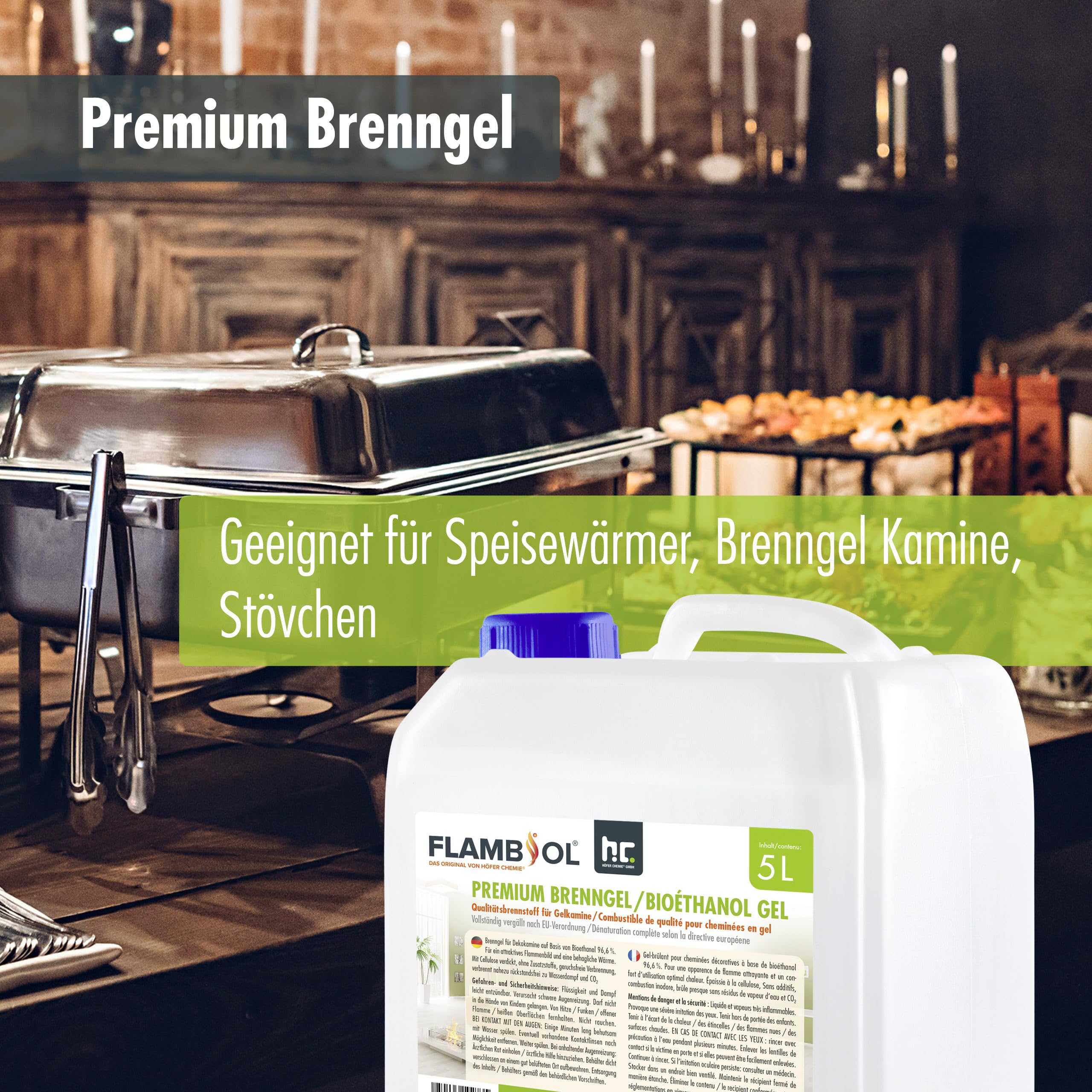 Höfer Chemie 5 L FLAMBIOL® Premium Brenngel für Brenngel Dekofeuer, Lampe und Kamine - Dickflüssiges Gel