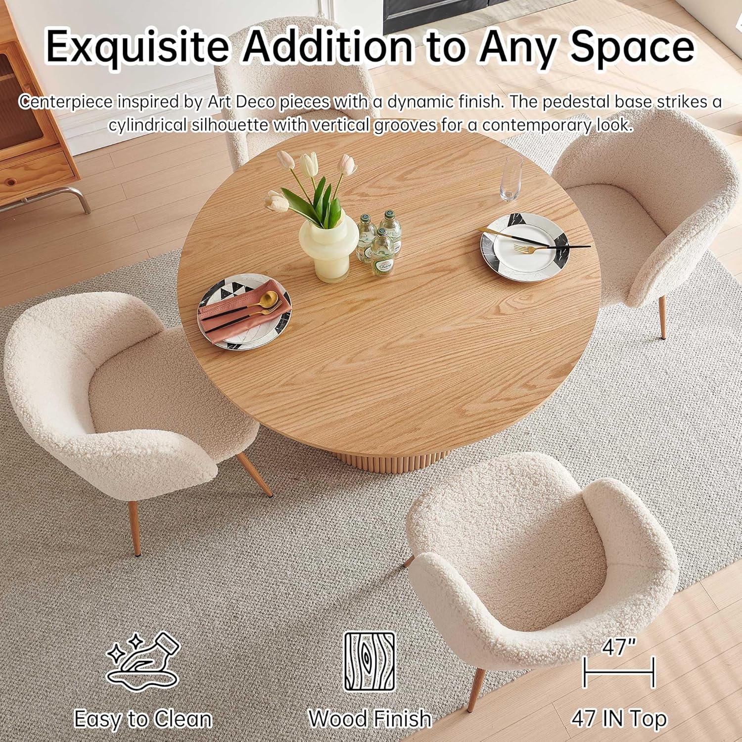 NORDICANA 5-Piece Wooden Round Dining Room Table and Chair Set, 47-Inch Kitchen Table with Barrel Chairs for 4, Off White Upholstered Sherpa Dining Set, MDF Core with Oak Finish