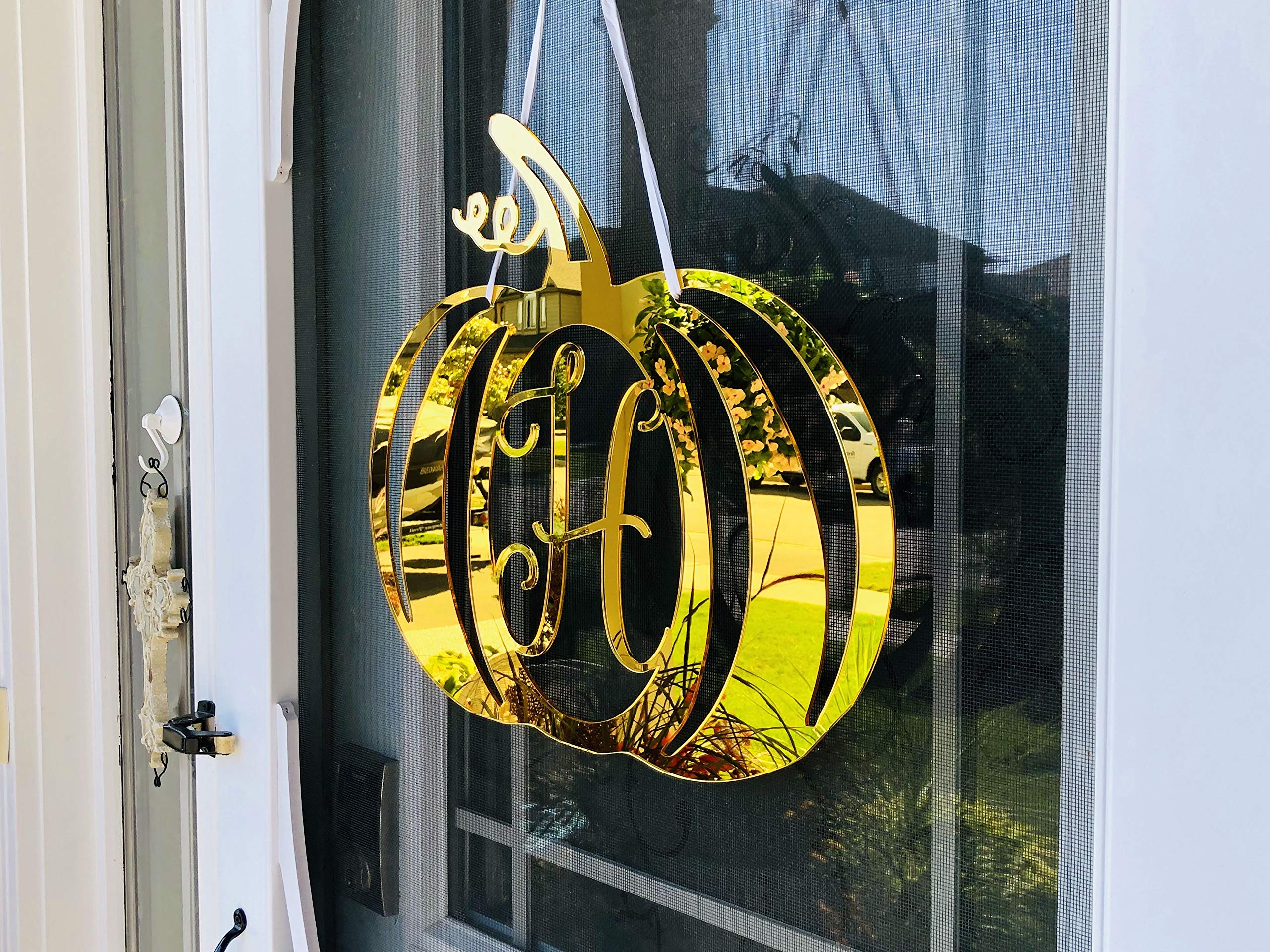 DistinctAndUnique (Gold Mirror Acrylic, S) Halloween Pumpkin Monogram Door Hanger - Seasonal Decorative Wreath Decor Personalized Letters Rustic Fall Autumn Decoration