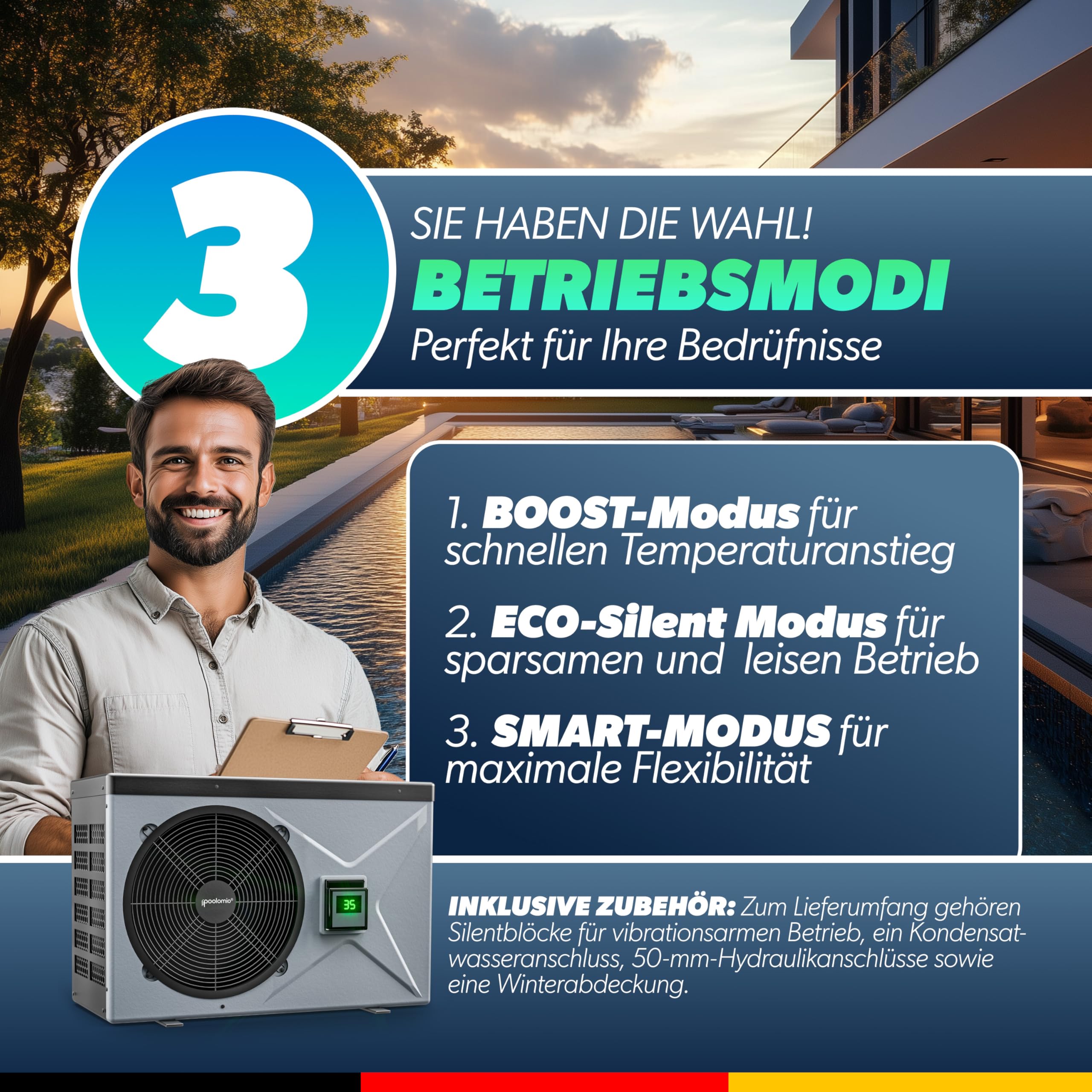 Poolomio Pompe à chaleur pour piscine 70-85 m³ NET Inverter 12 | Chauffage ultra silencieux avec WiFi | Économie d'énergie (COP 14,20) pour piscine