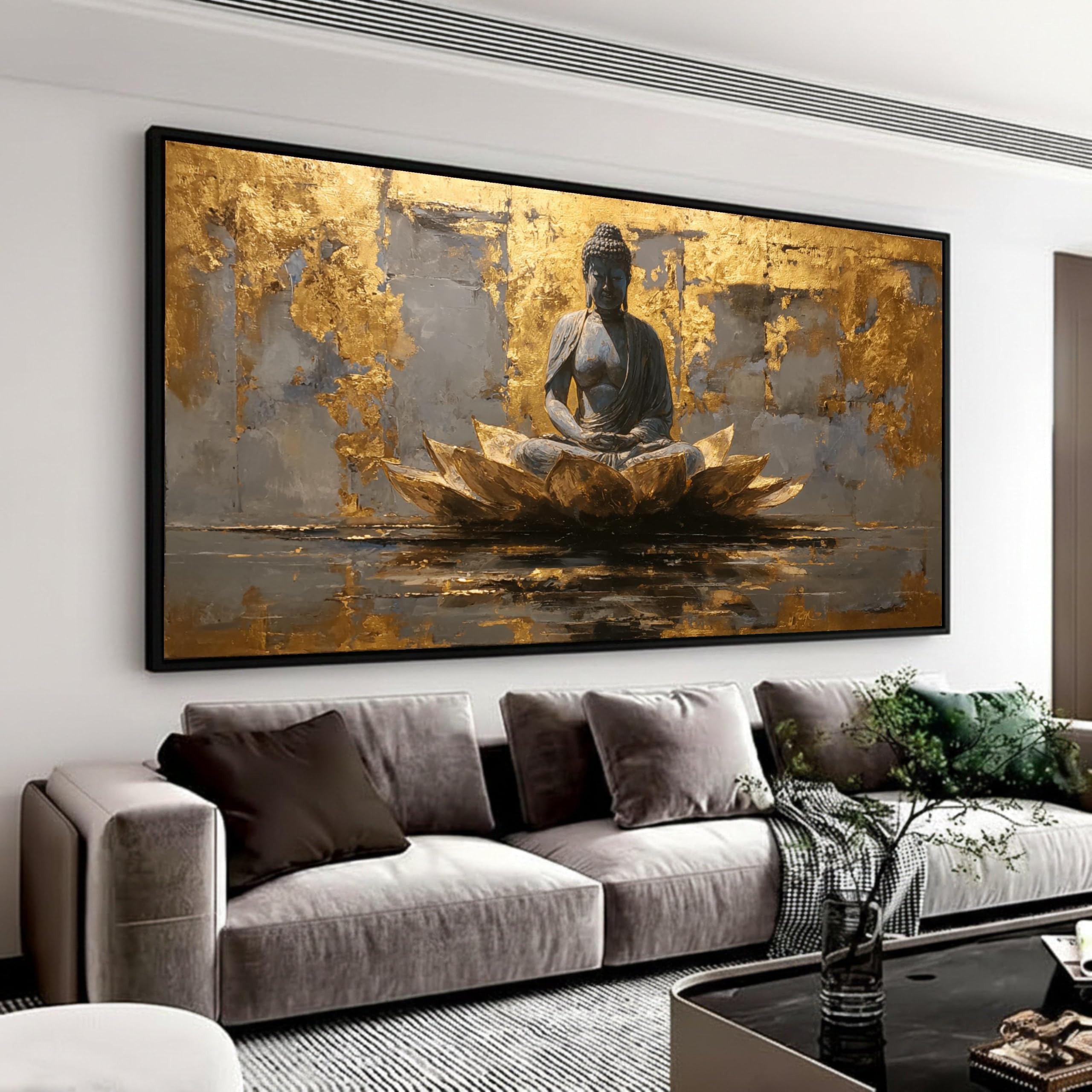 LMYCHENG Meditating Buddha Canvas Wall Art, Golden Lotus Abstract printing, Zen Home Decor, Contemporary Buddhist Mural(65x120cm/Frameless)