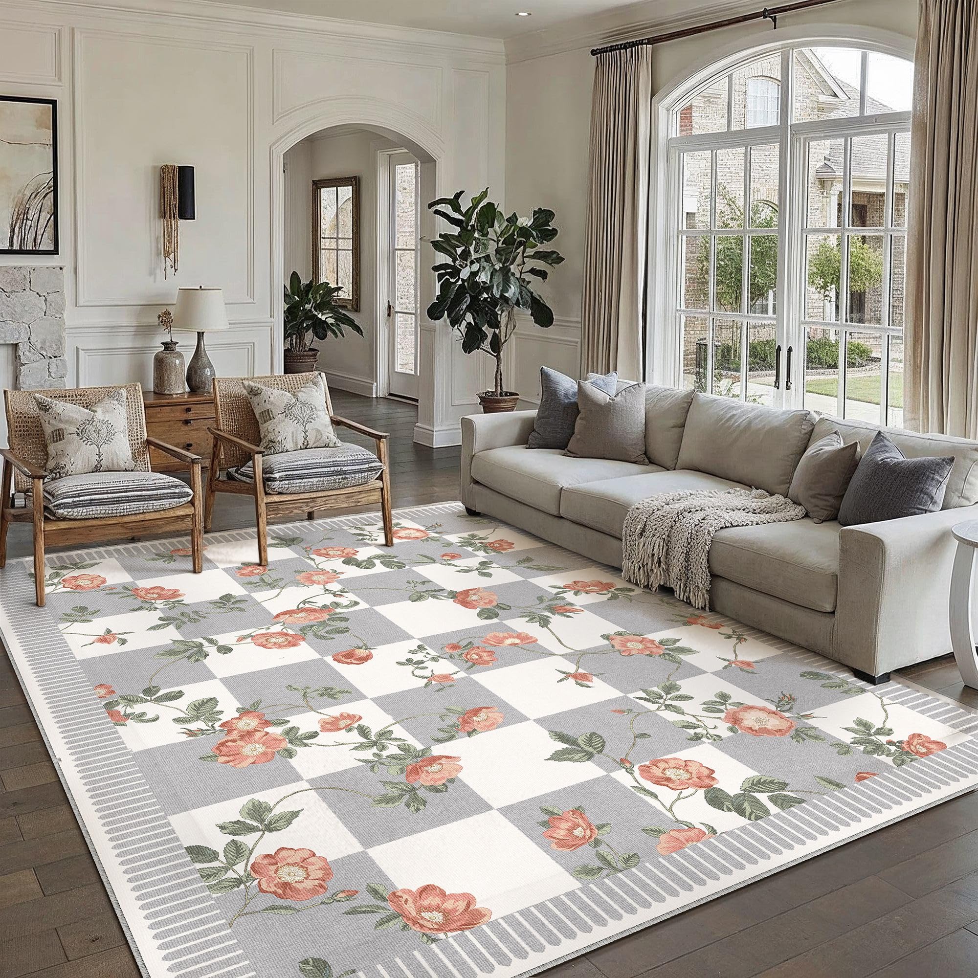 hugear 8x10 checkered area rugs machine washable grey large living room rug floral print non-slip stain resistant low pile indoor throw carpet for bedroom home unique aesthetic modern decor