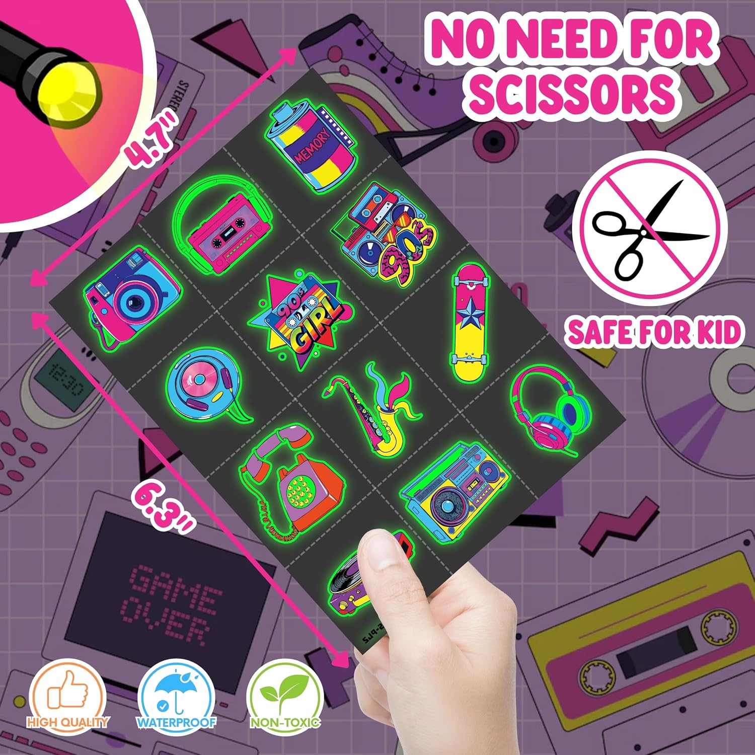 72 PCS 90s Party Favors – 48 PCS Glow Tattoos & 24 PCS LED Finger Lights image 5