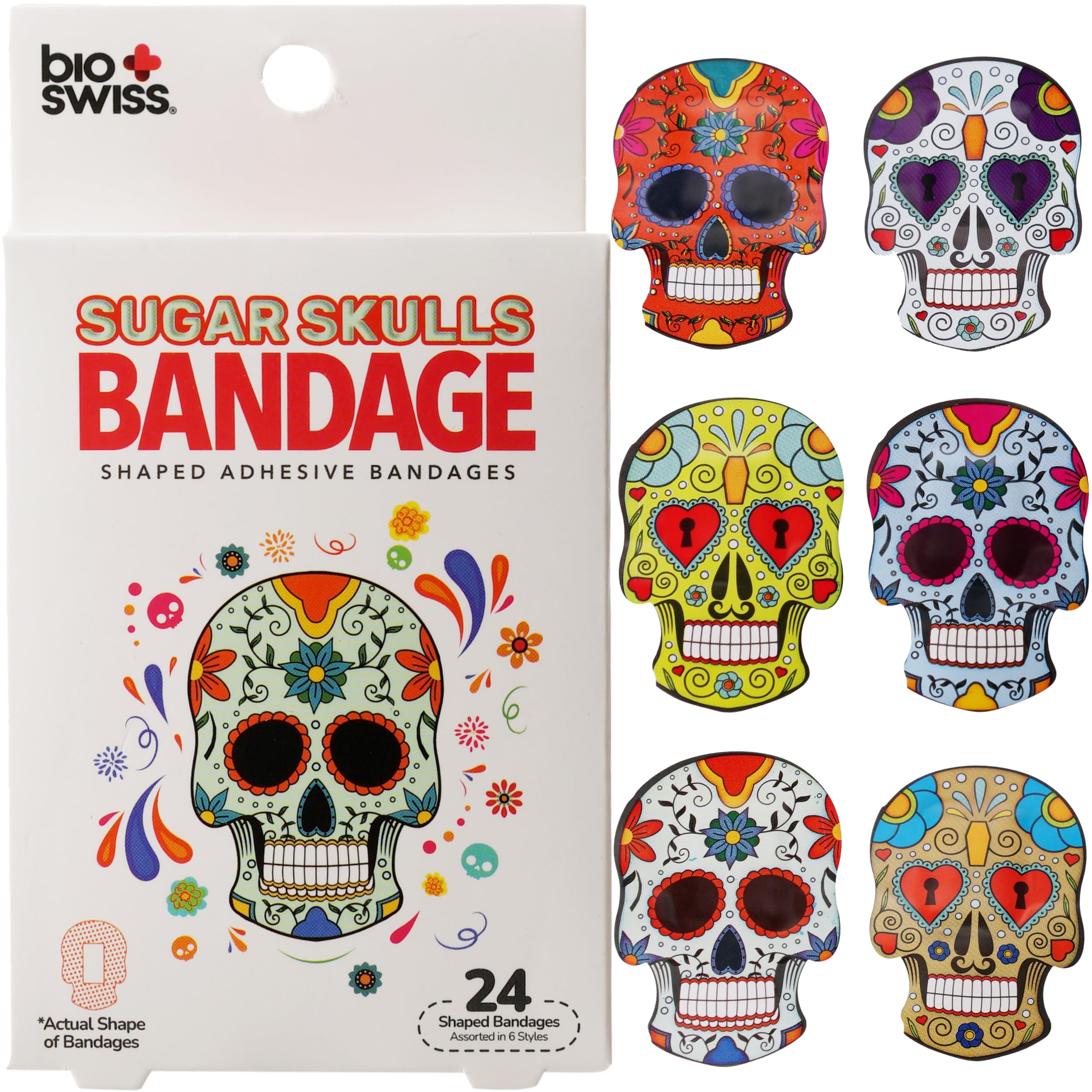 BioSwiss Kids Bandages, Sugar Skull Shaped Self Adhesive Bandage Set, Latex Free, Sterile Wound Care, 24 Count