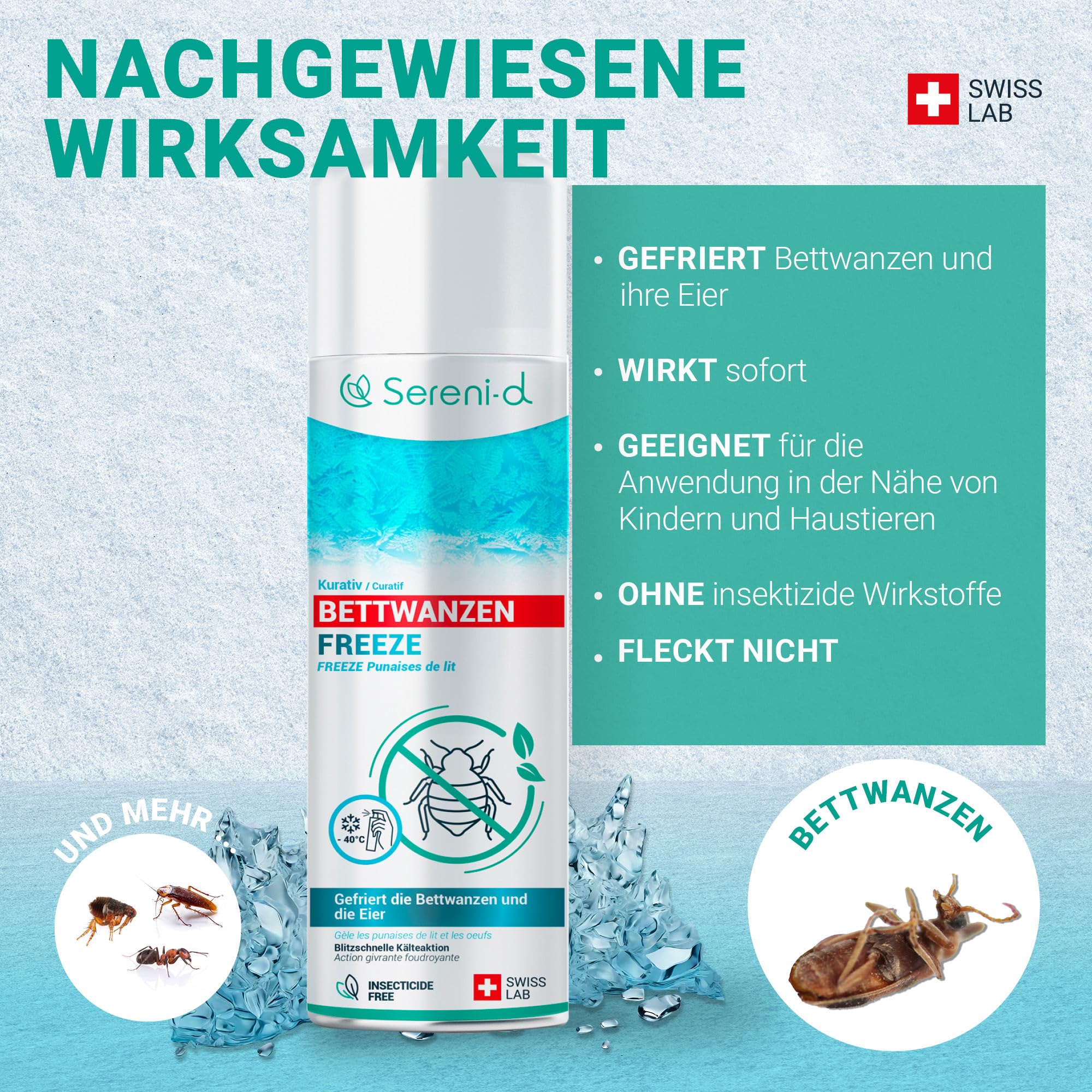 SERENI-D - Anti-Bettwanzen-Spray FREEZE – FREEZE-Aktion, sofort wirksam zur Bekämpfung von Bettwanzen - effektives Mittel gegen Bettwanzen – Swiss Lab