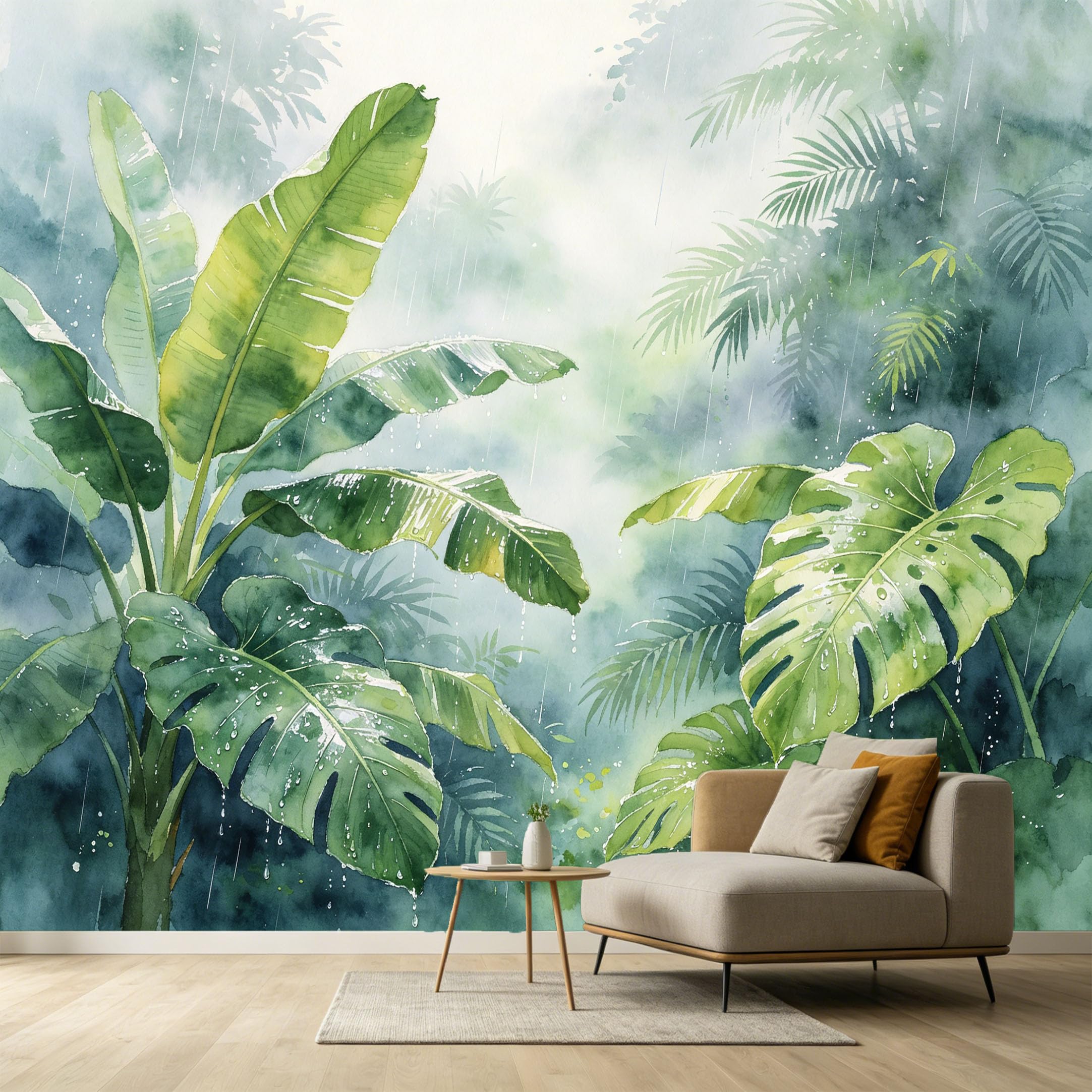 Custom Size Wall Murals Tropical Rain Botanical Watercolor Painting Palm Leaves Monstera Plants SelfAdhesive Wall Fabric Removable Large Wallpaper for Photo Living Room