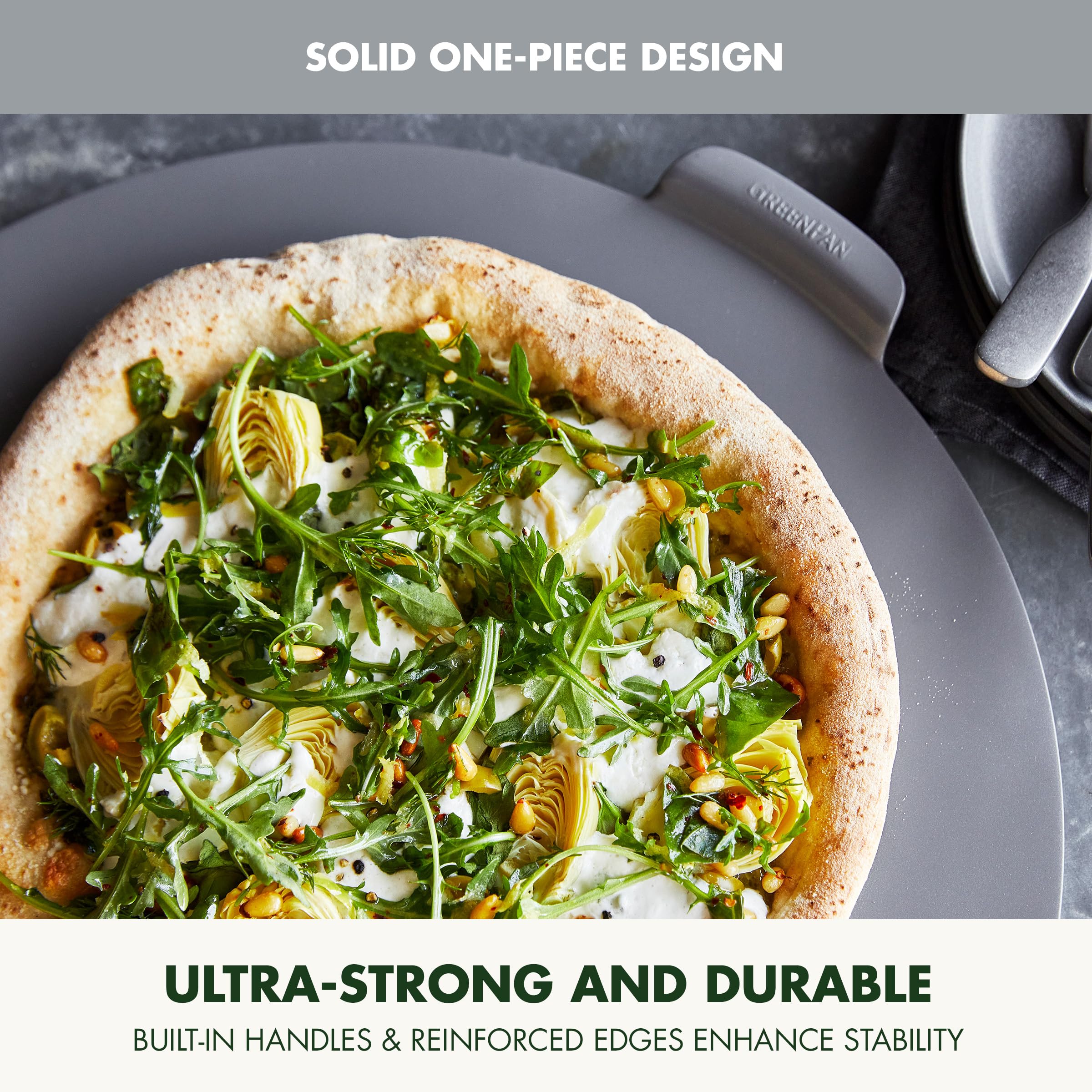 GreenPan Premiere Ovenware patelnia do pizzy 42 cm, zdrowa ceramiczna nieprzywierająca, nie zawiera PFAS, nadaje się do piekarnika, nadaje się do mycia w zmywarce, szara