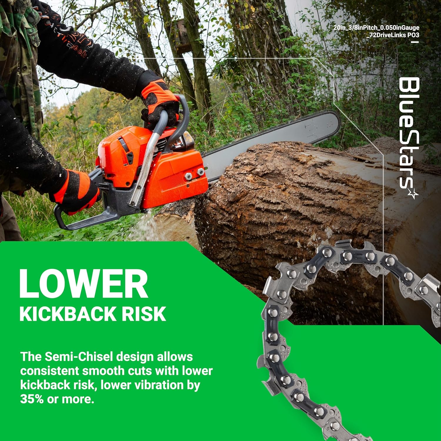BlueStars 3 Psc 20-inch Chainsaw Chain 3/8" LP Pitch .050" Gauge 72 Drive Links - Compatible with Stihl MS 029 036 039 391 310 311 Husqvarna 455 Rancher 460 55 257 261 359 362XP 272xp 555455 H80