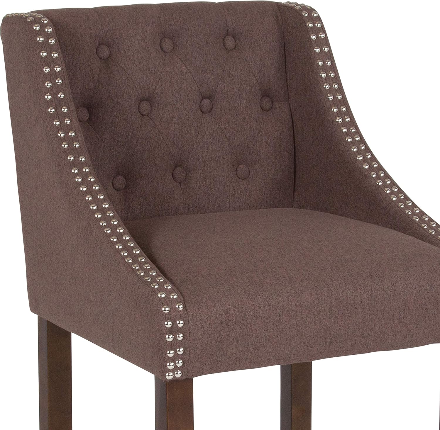 Taylor + Logan Studio A Counter Height Bar Stool - 24" Brown Fabric Tufted Stool with Nail Accent Trim - Walnut Frame - for Home Kitchen, Bar, Living Room